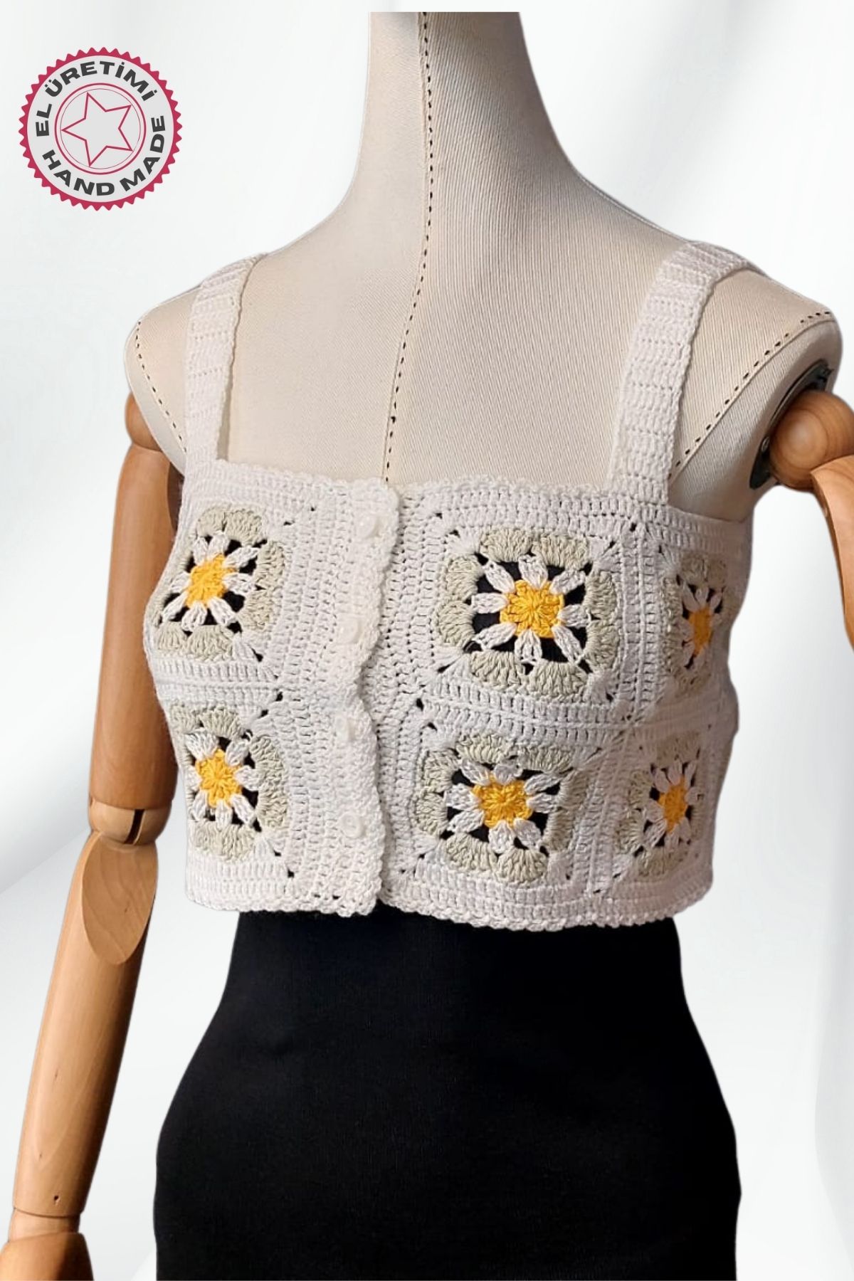 Uretti - Yıldız 7202 4745 El Örgüsü Yazlık Beyaz Kadın Büstiyer / Crop Bluz - 36/38/40 - Açık Yeşil