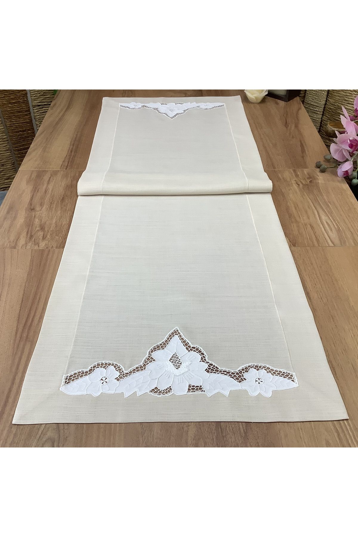 OYA home Beyaz İş li Runner - Bej Zemin - 50*150 cm