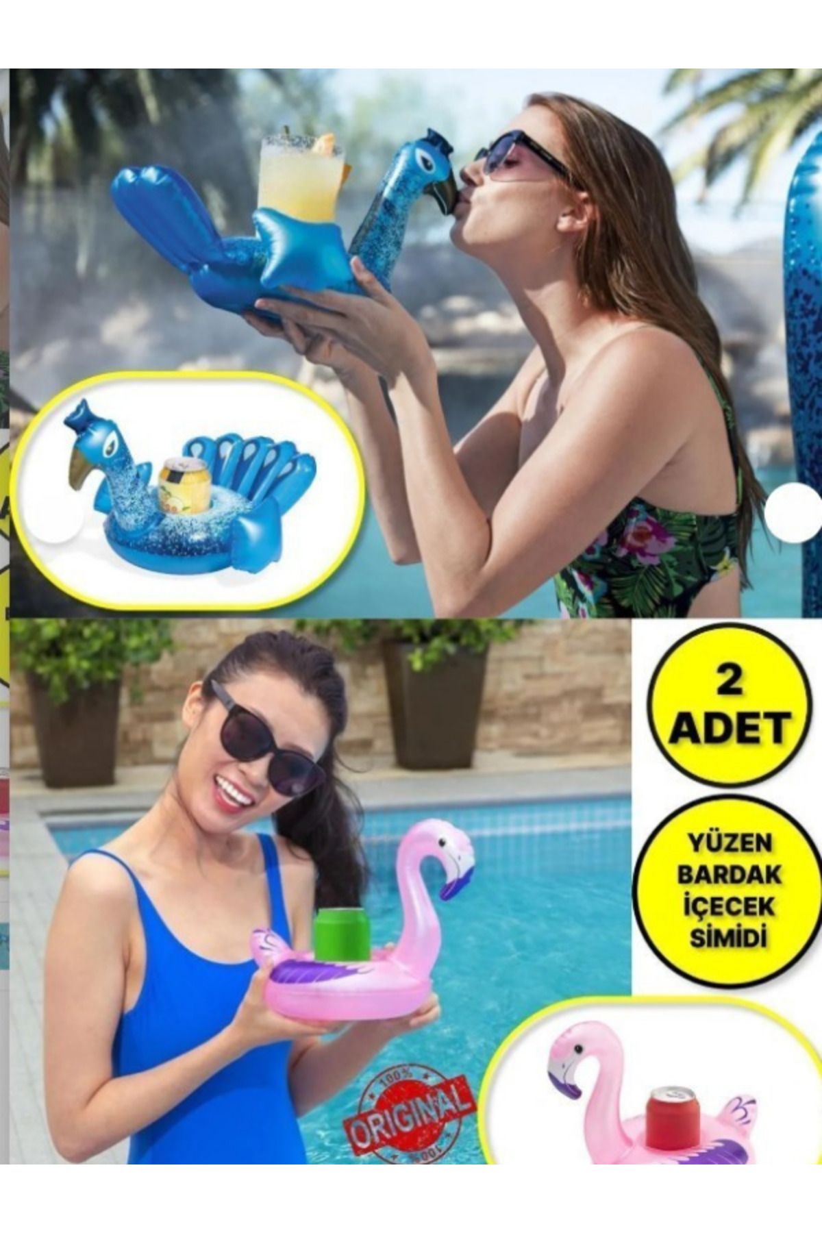 Muhcu Home 2 ADET - Havuz Deniz de Pelikan ve Tavus Kuşu Modelli Şişme Yüzen İçecek Bardak Tutacağı