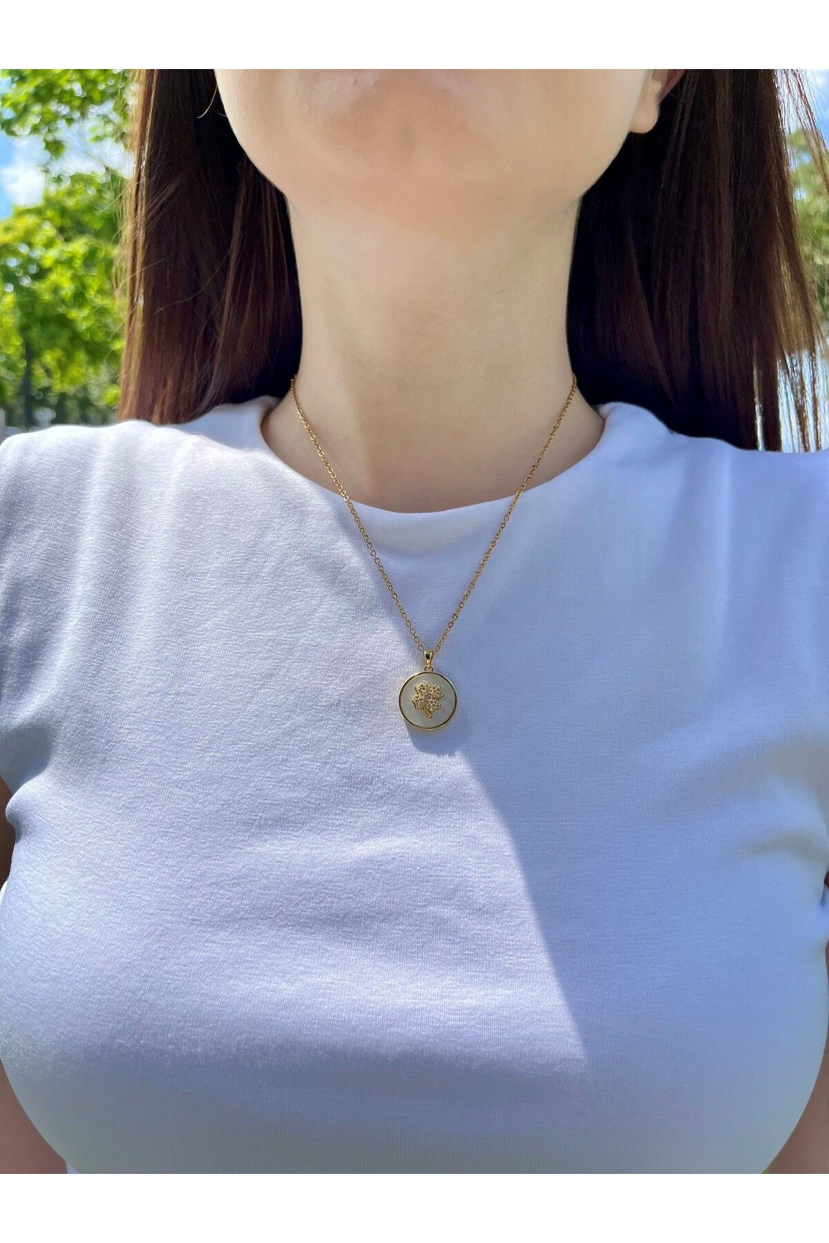 MEOS Çelik Kolye Sedefli Kolye Çiçekli Gold Kolye