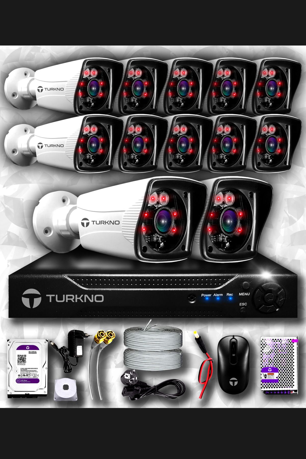 Turkno 12 Kameralı Karia 12 Dış Kamera Set 100 Gb Hdd Full Hd Gece Görüşlü Güvenlik Kamerası Sistemi