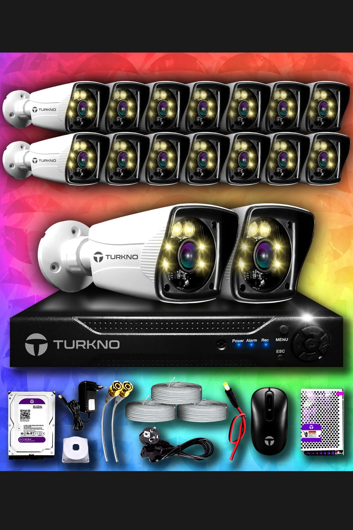 Turkno 16 Kameralı Karie 16 Dış Kamera Set 1 Tb Hdd Full Hd Renkli Gece Görüşlü Güvenlik Kamerası Sistemi