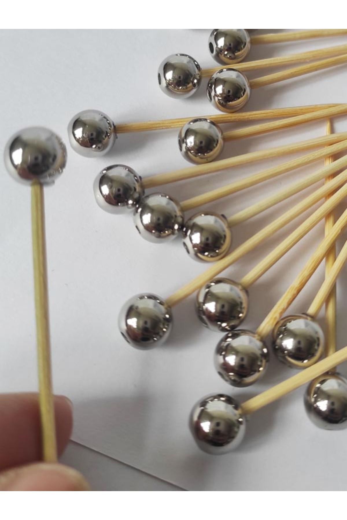 tm tasarı mağazası 49 Adet Dekoratif Gümüş Yuvarlak Inci Boncuklu Kürdan 6,5 Cm - Inci 8 Mm