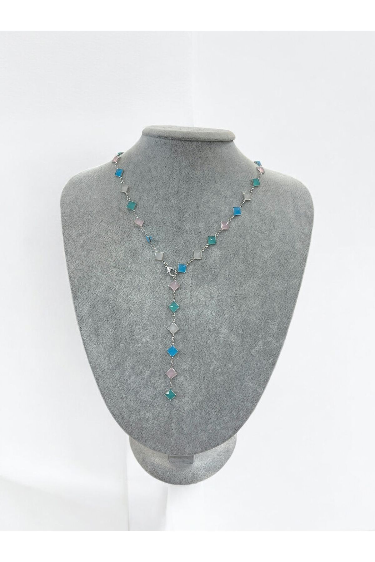 Esdem Accessories Pastel Renkli Y kolye Kare Gümüş renk