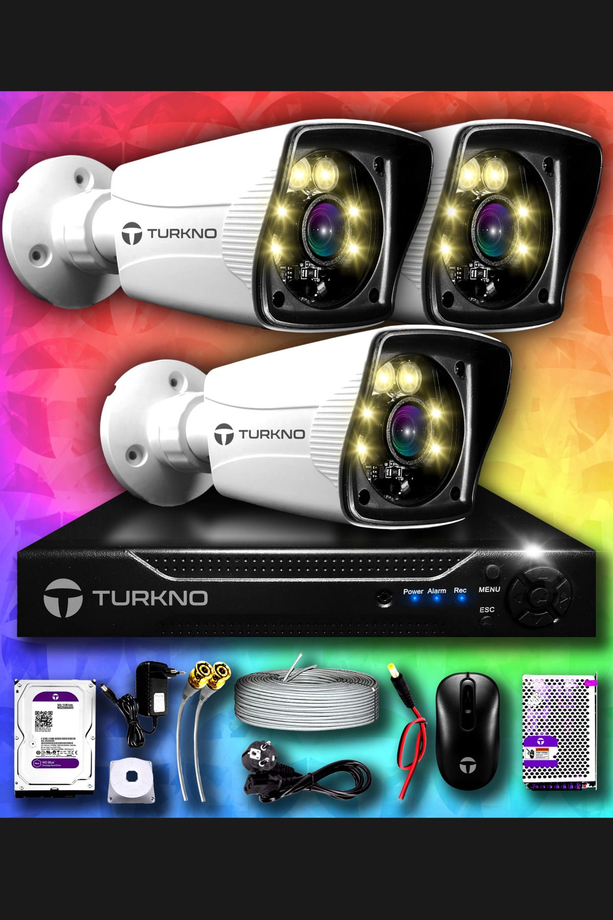 Turkno 3 Kameralı Karie 3 Dış Kamera Set 100 Gb Hdd Full Hd Renkli Gece Görüşlü Güvenlik Kamerası Sistemi