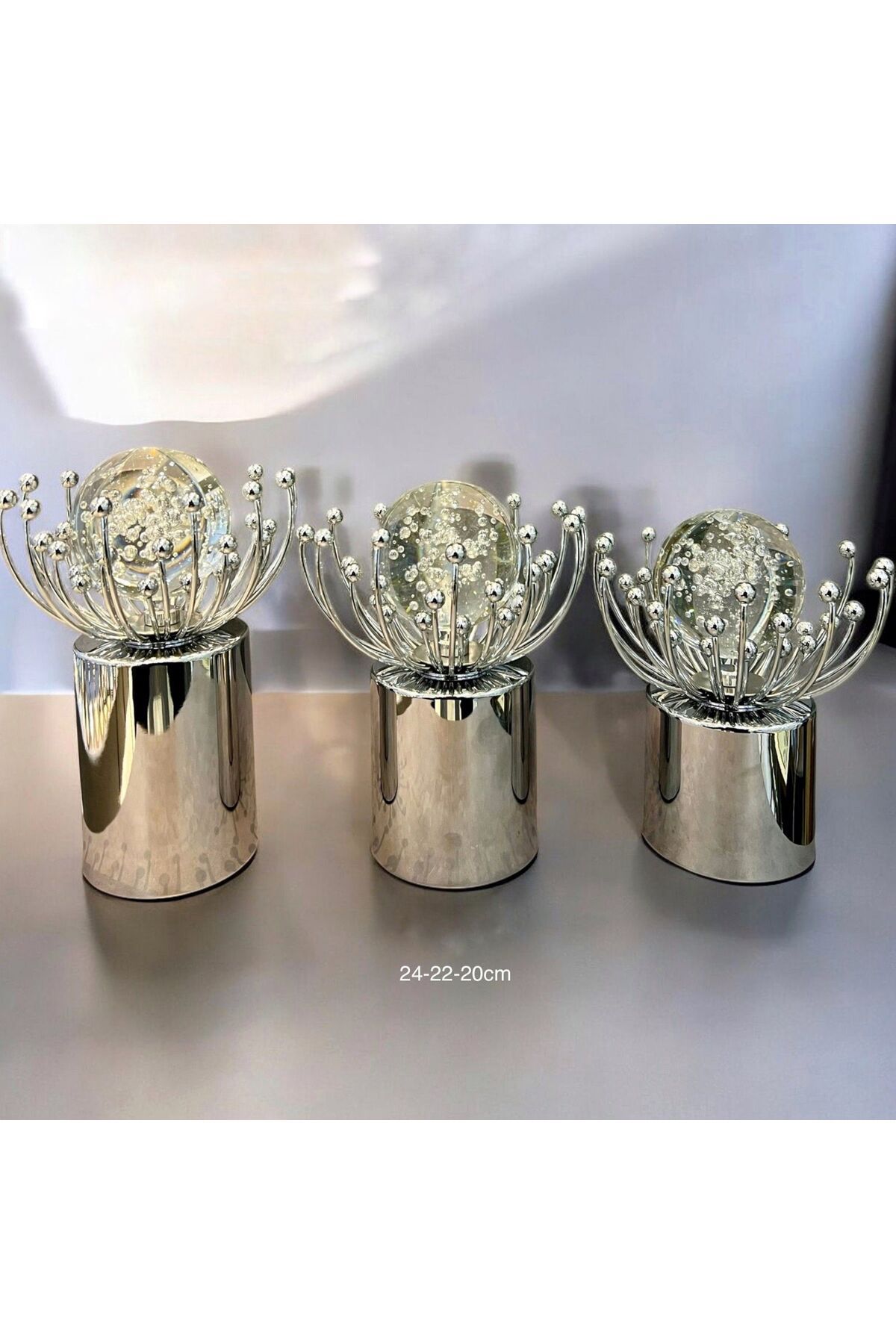 Hinora İnci Küreli Metal Üçlü Dekoratif Obje Set 20-22-24cm