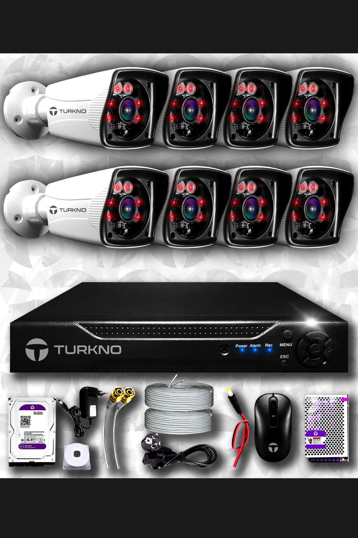 Turkno 8 Kameralı Karia 8 Dış Kamera Set 100 Gb Hdd Full Hd Gece Görüşlü Güvenlik Kamerası Sistemi