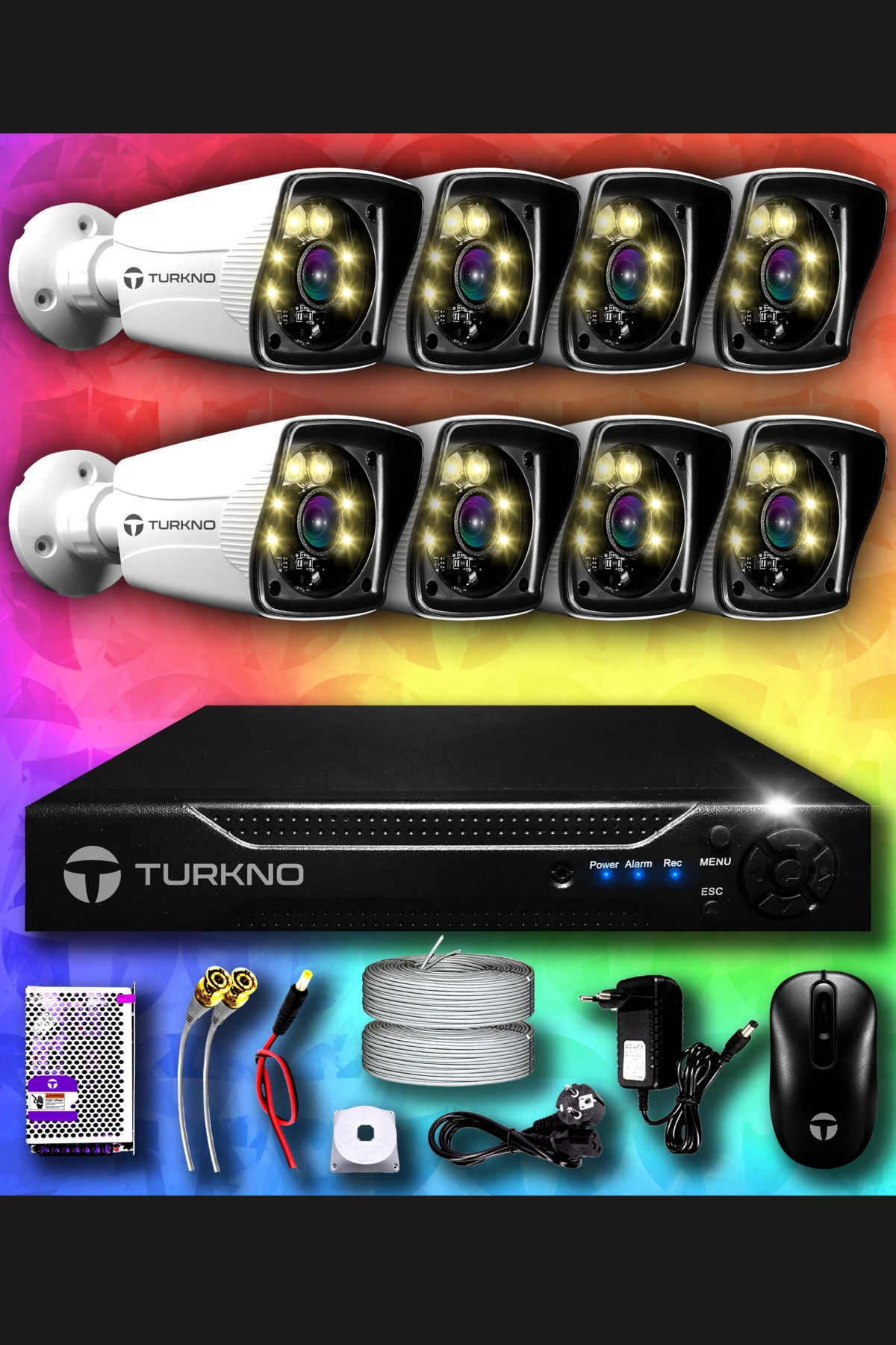 Turkno 8 Kameralı Karie 8 Dış Kamera Set Hdd'siz Full Hd Renkli Gece Görüşlü Güvenlik Kamerası Sistemi