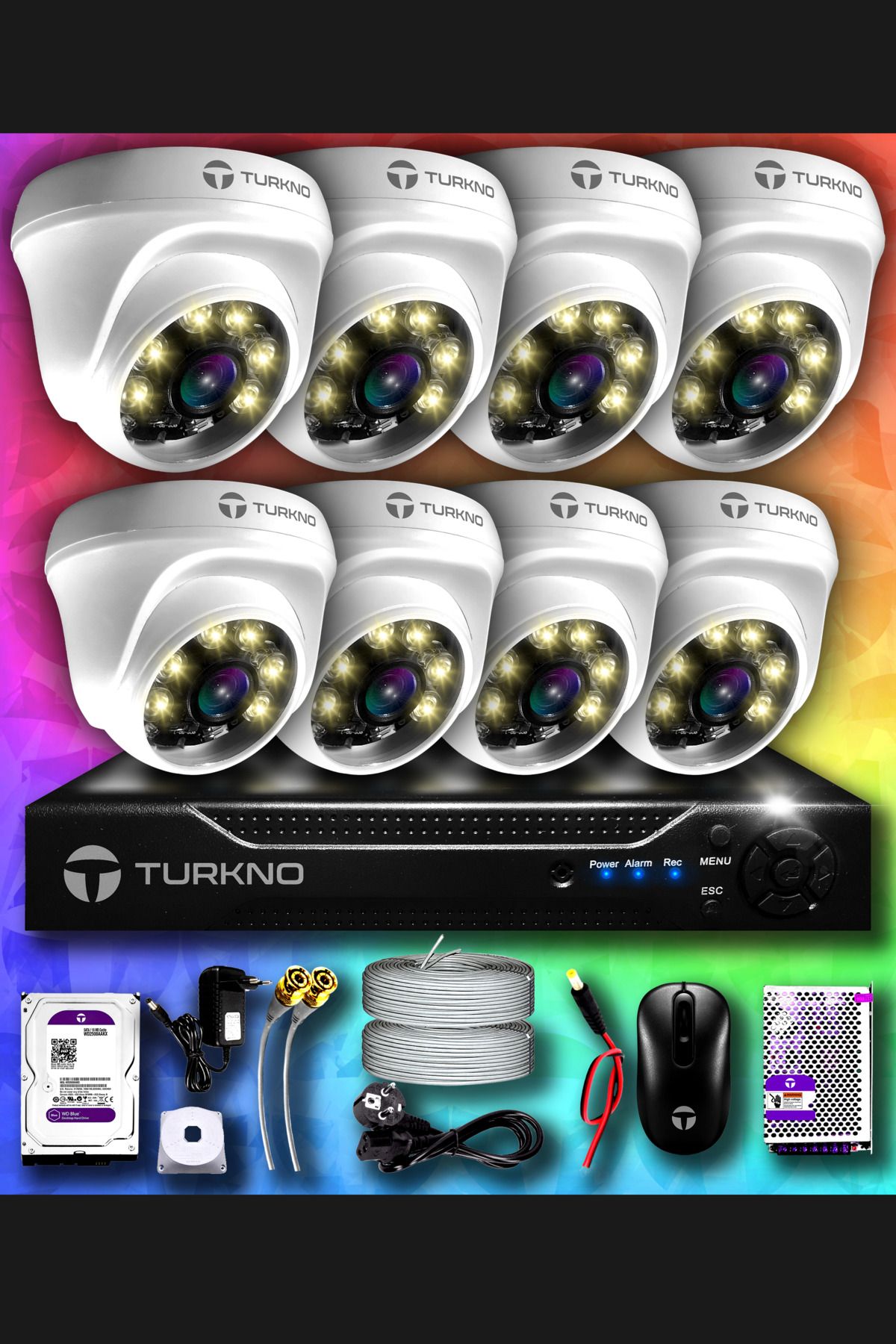 Turkno 8 Kameralı Domie 8 Iç Kamera Set 1 Tb Hdd Full Hd Renkli Gece Görüşlü Güvenlik Kamerası Sistemi