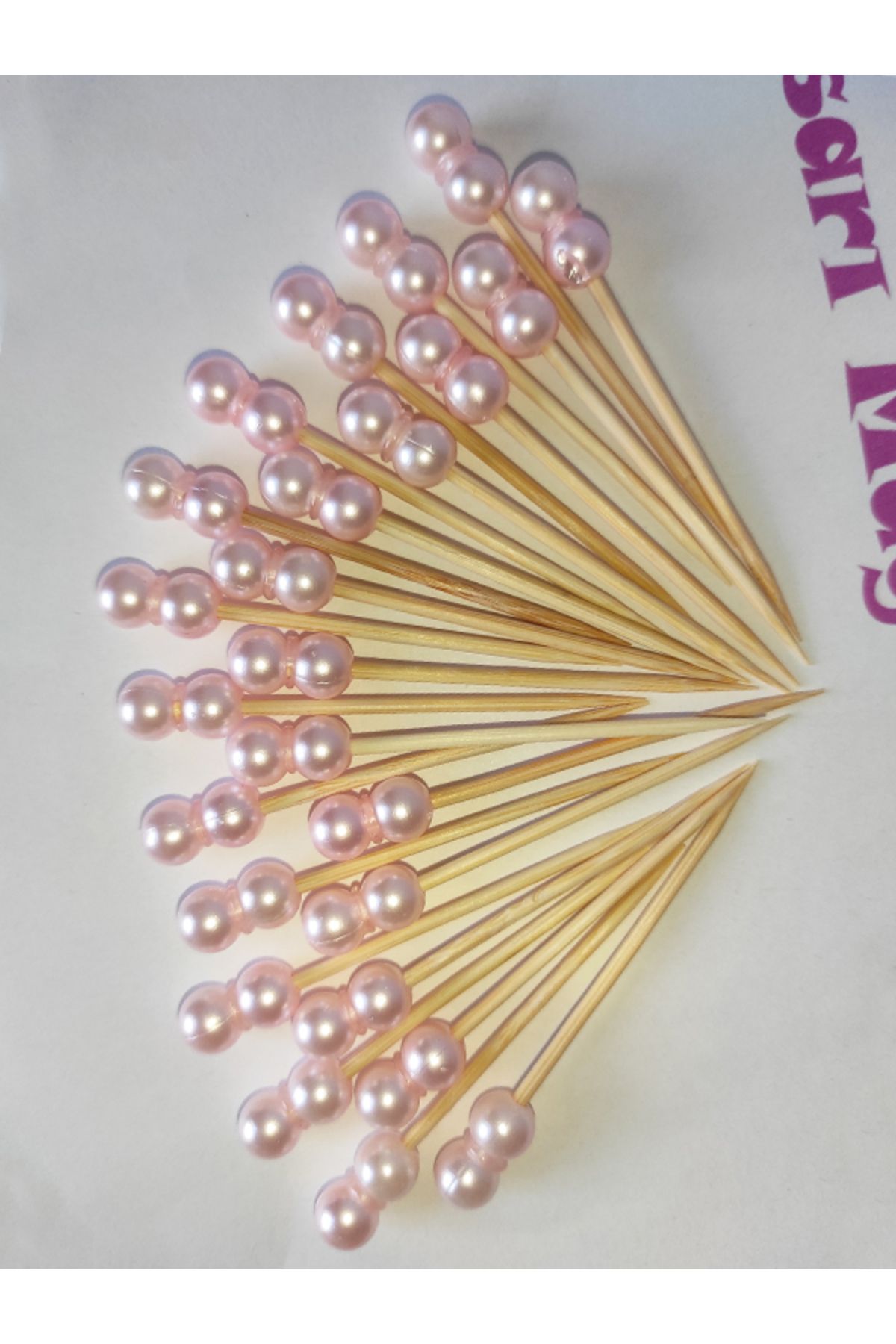tm tasarı mağazası 99 Adet Dekoratif Bebe Pembesi Çift İncili Pasta Kürdanı 6,5 cm- İnci 8 mm - İncili Kanepe Kürdanı