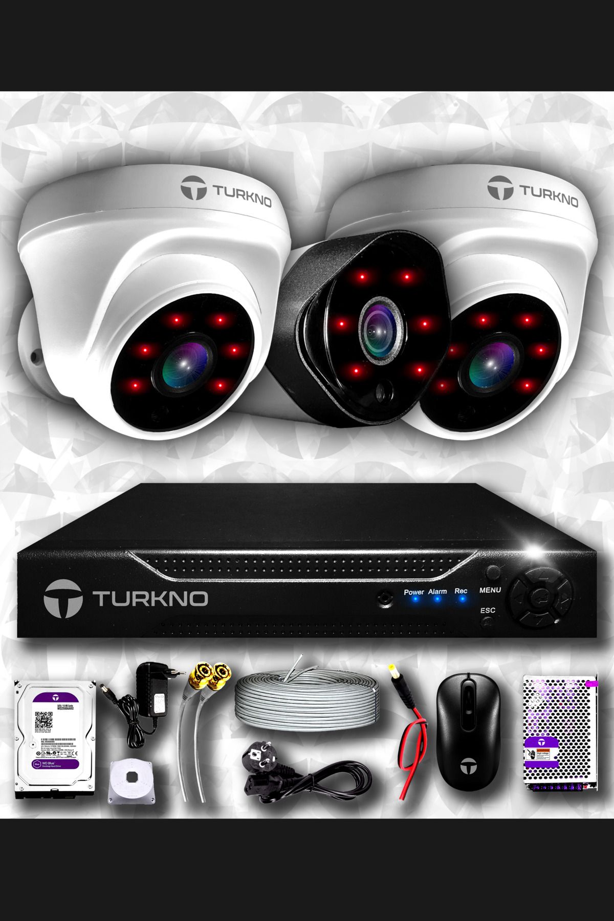 Turkno 3 Kameralı Galia 2 Iç Kamera Set 500 Gb Hdd Full Hd Gece Görüşlü Güvenlik Kamerası Sistemi