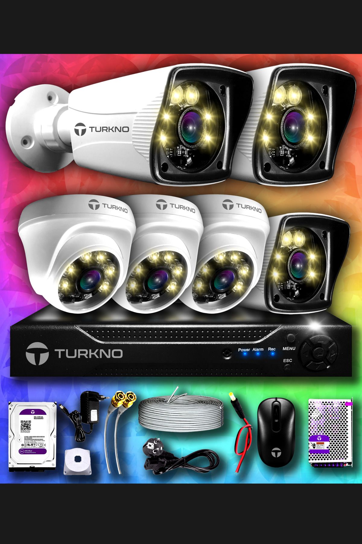 Turkno 6 Kameralı Karie 3 Iç Kamera Set 100 Gb Hdd Full Hd Renkli Gece Görüşlü Güvenlik Kamerası Sistemi