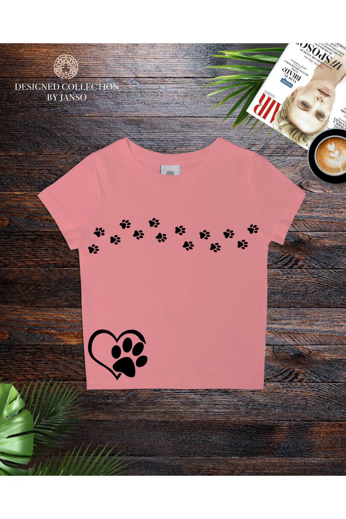 JANSO GROUP - KADIN KISA KOLLU CROP TSHIRT BASKILI CAT PAMUKLU PENYE KUMAŞ