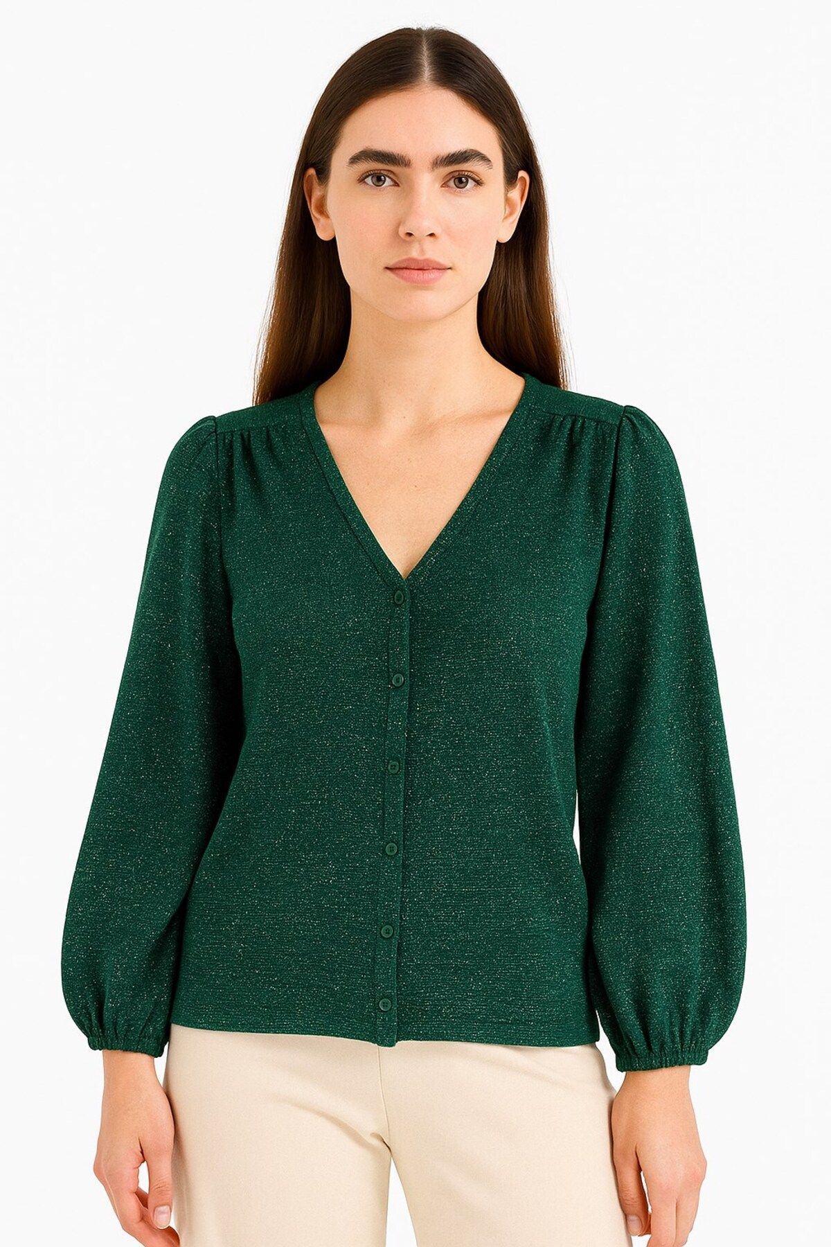 Kübra Tekstil Lupinn Moda Simli Dokulu Balon Kollu Kadın Yeşil Bluz - Günlük & Şık Kombinler İçin Modern Tasarım