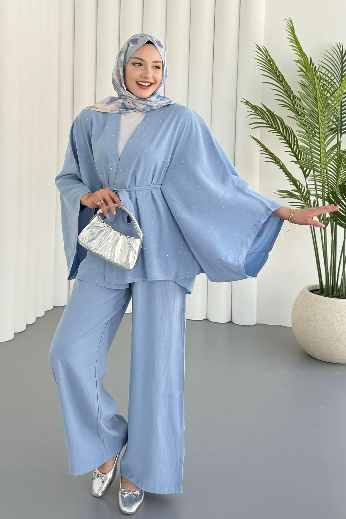 Modaensarbutik Yarasa Kol Taş Serpmeli Kimono Tesettür Takım-MAVİ