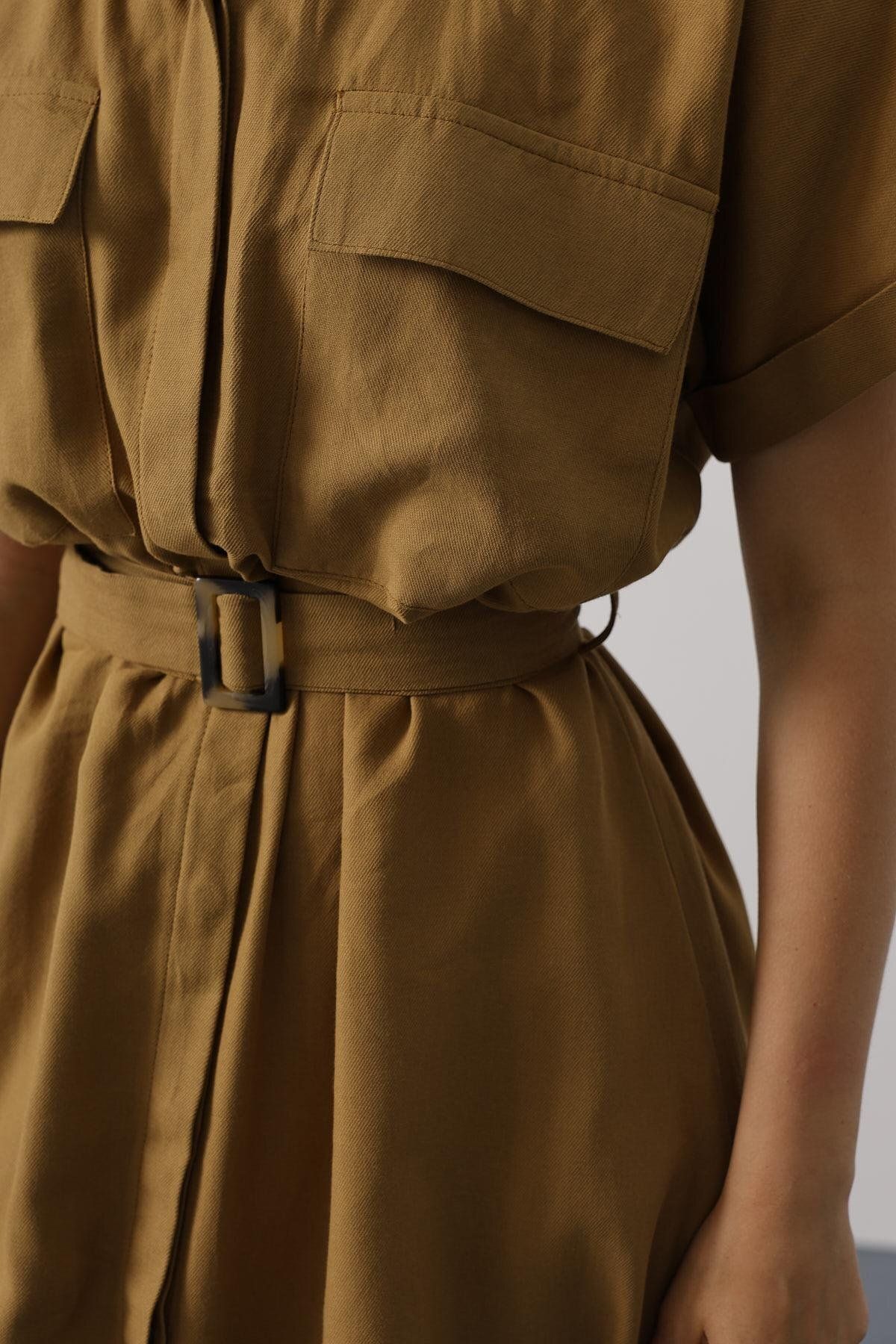 Lin Collection Kadın Kuşaklı Cep Detaylı Yarım Kol Elbise Yağ Yeşili