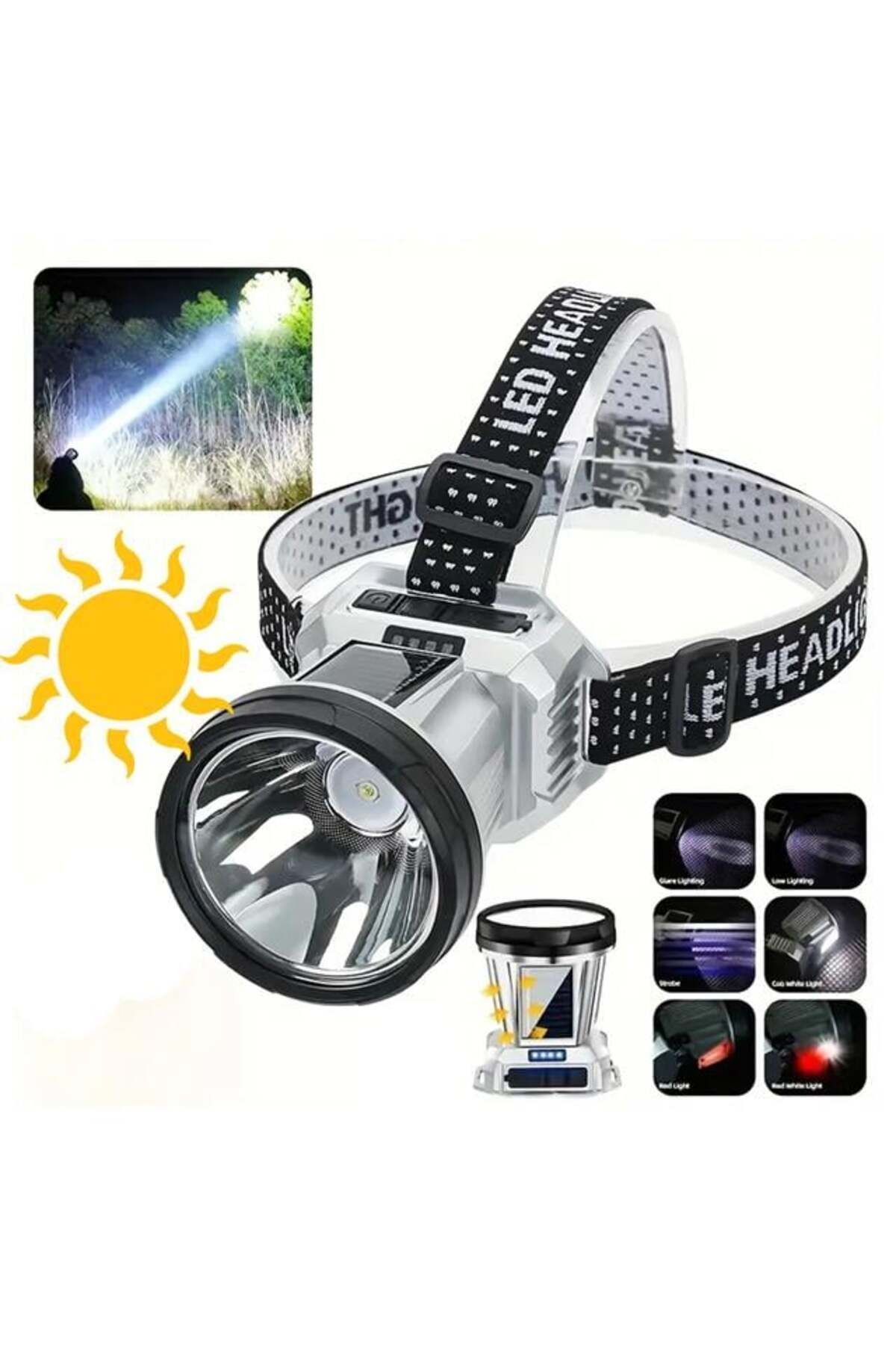 Powermaster PM-26721 Solar Panelli Ledli Kafa Lambası Feneri 1600Mah 6 Modlu Sensörlü