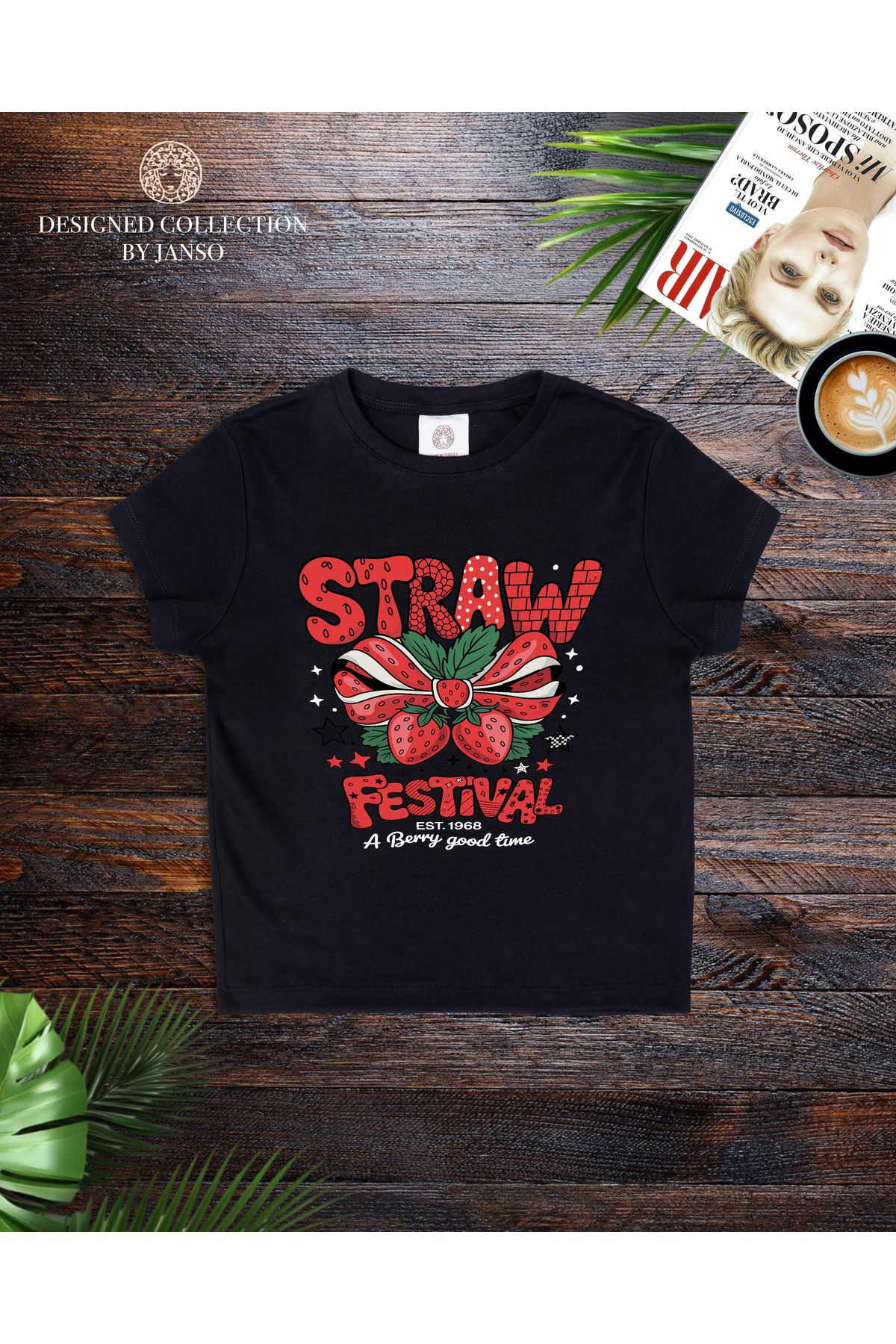 JANSO GROUP - KADIN KISA KOLLU CROP TSHIRT BASKILI STRAW FESTIVAL PAMUKLU PENYE KUMAŞ