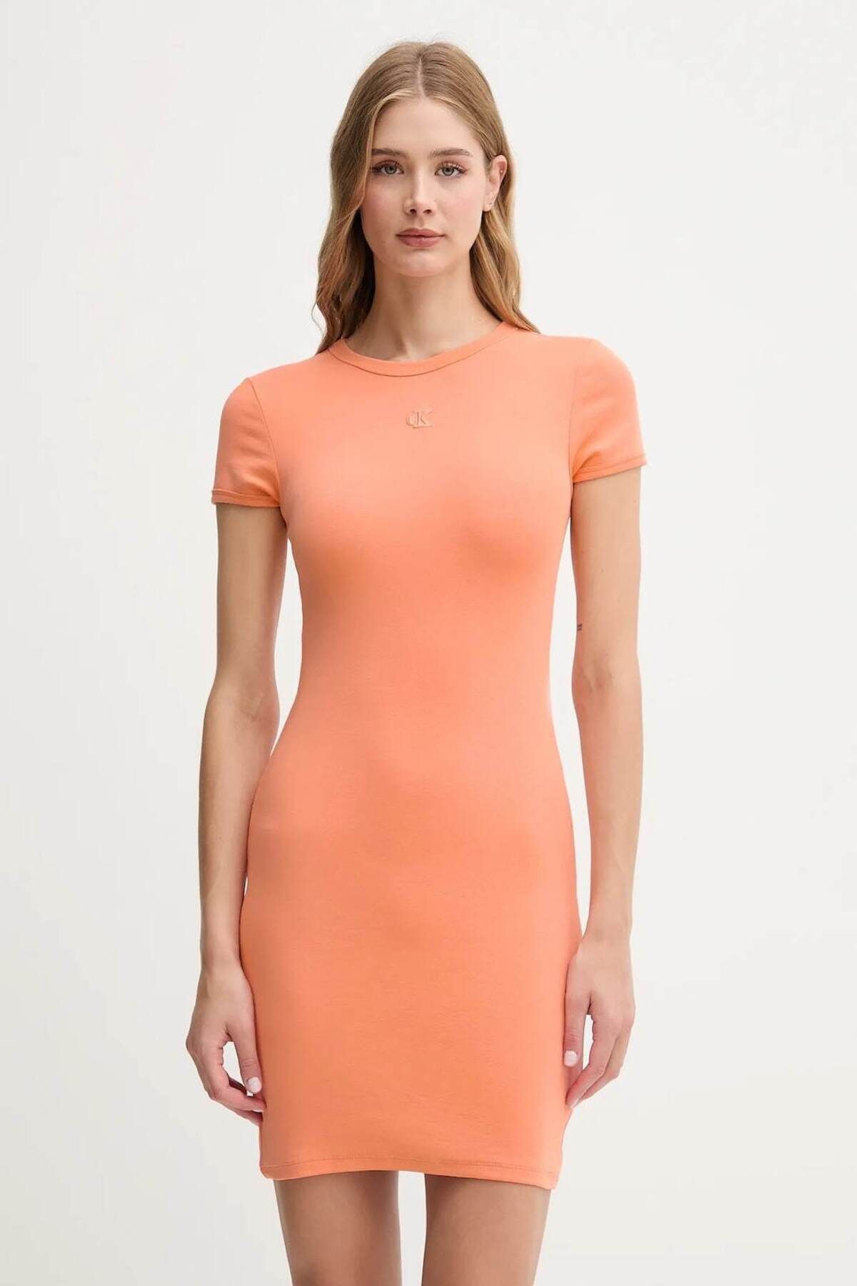 Calvin Klein Kadın Dar Kesim Yuvarlak Yakalı Kısa Kollu CK Logo İşlemeli Mini Turuncu Elbise LV047B266G-VDW