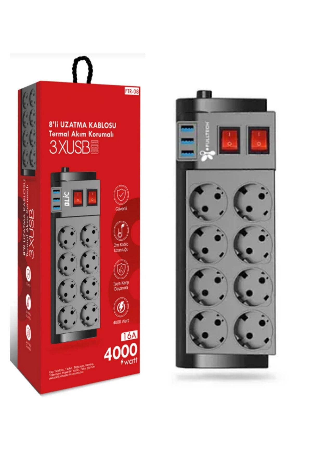 Sarftech Siyah Termal Akım Çocuk Korumalı 8'li Priz 3 Usb'li 4000W 2M Uzatma Kablolu Priz