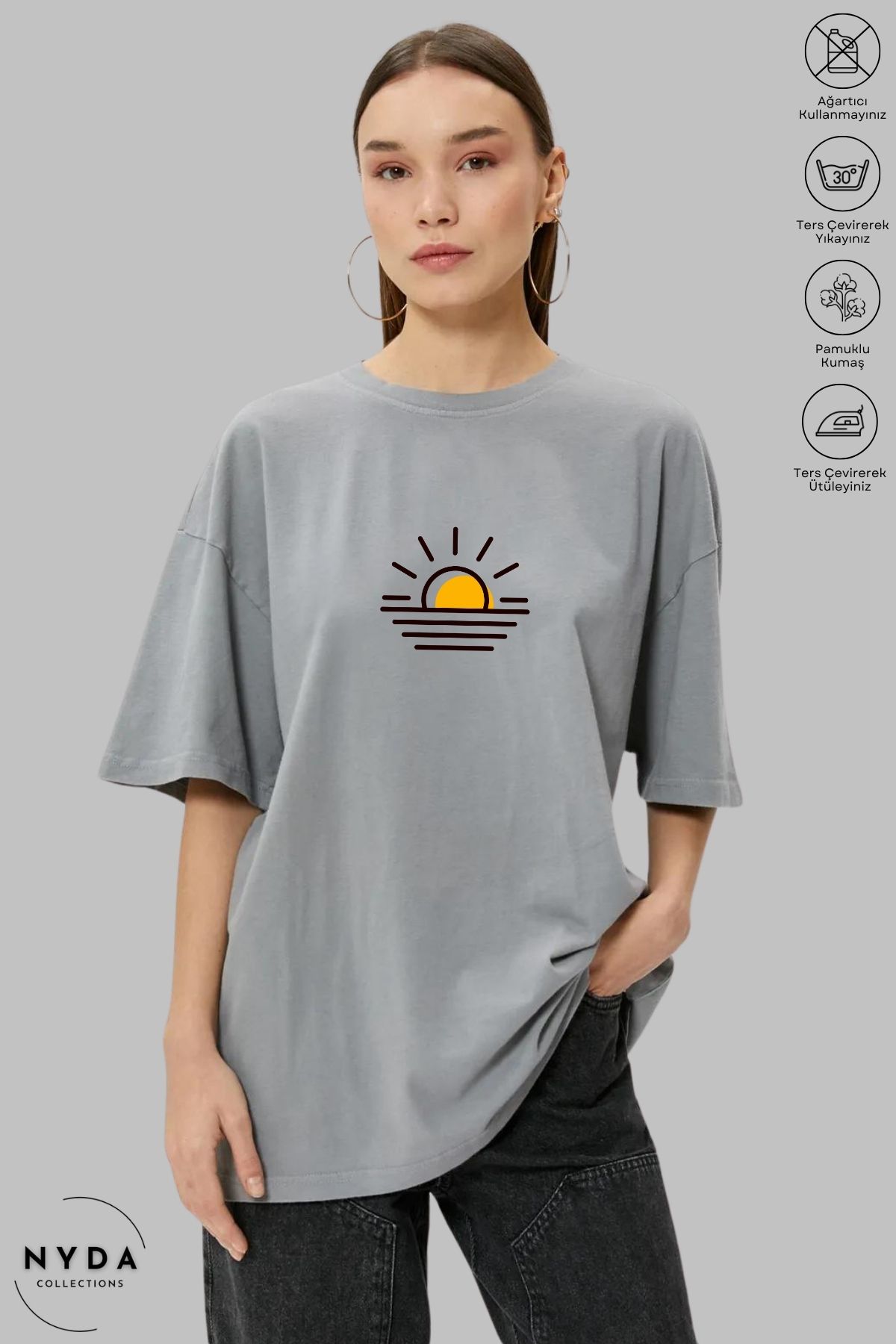 Nyda Collections Unisex Bisiklet Yaka Günbatımı Baskılı Pamuk Oversize Kısa Kollu Tişört