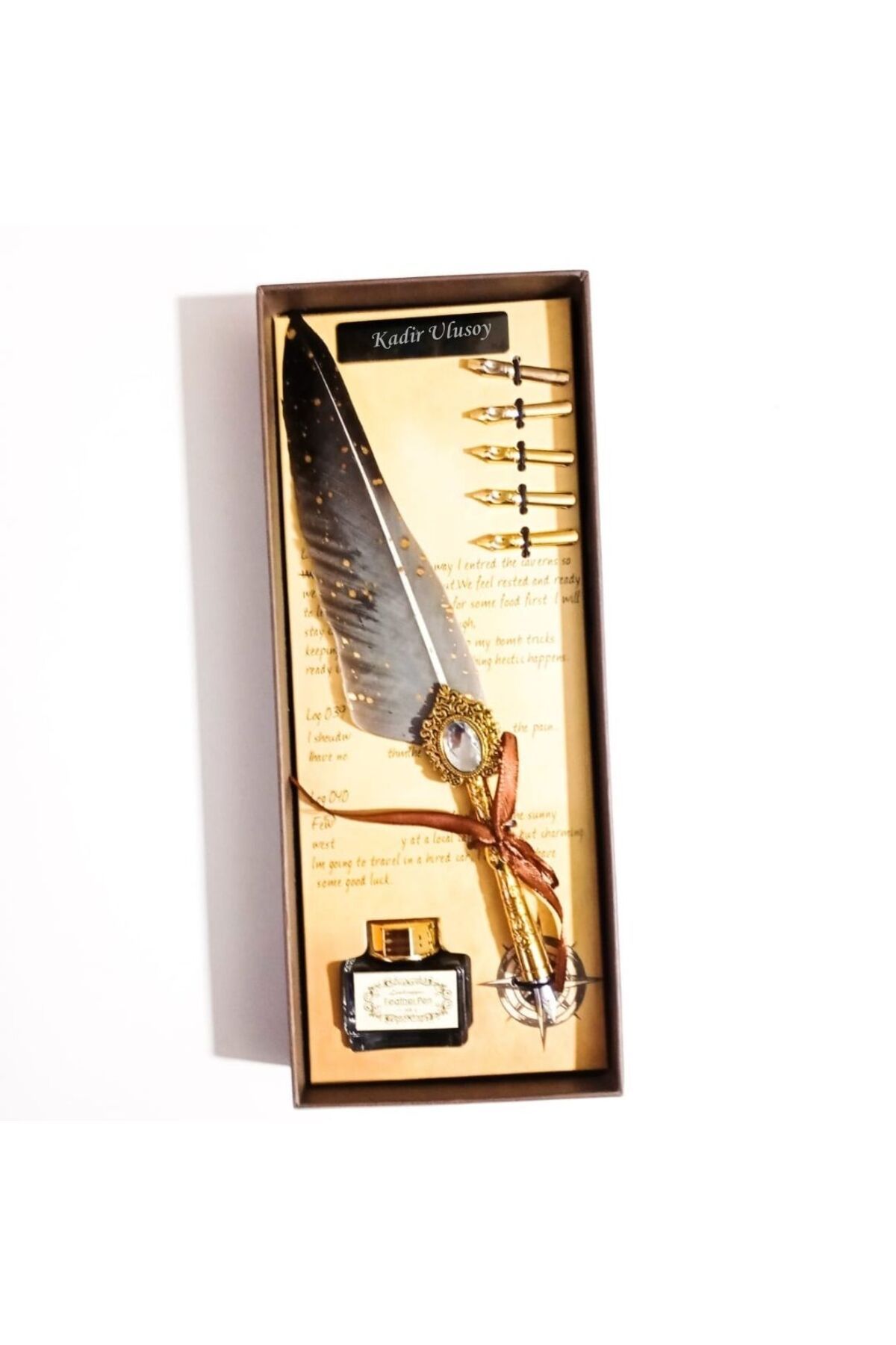 gifttime Kişiye Özel Retro Tüylü Divit Kalem Seti - Özel Kutulu Yazı Kalemi ve Mürekkep Seti