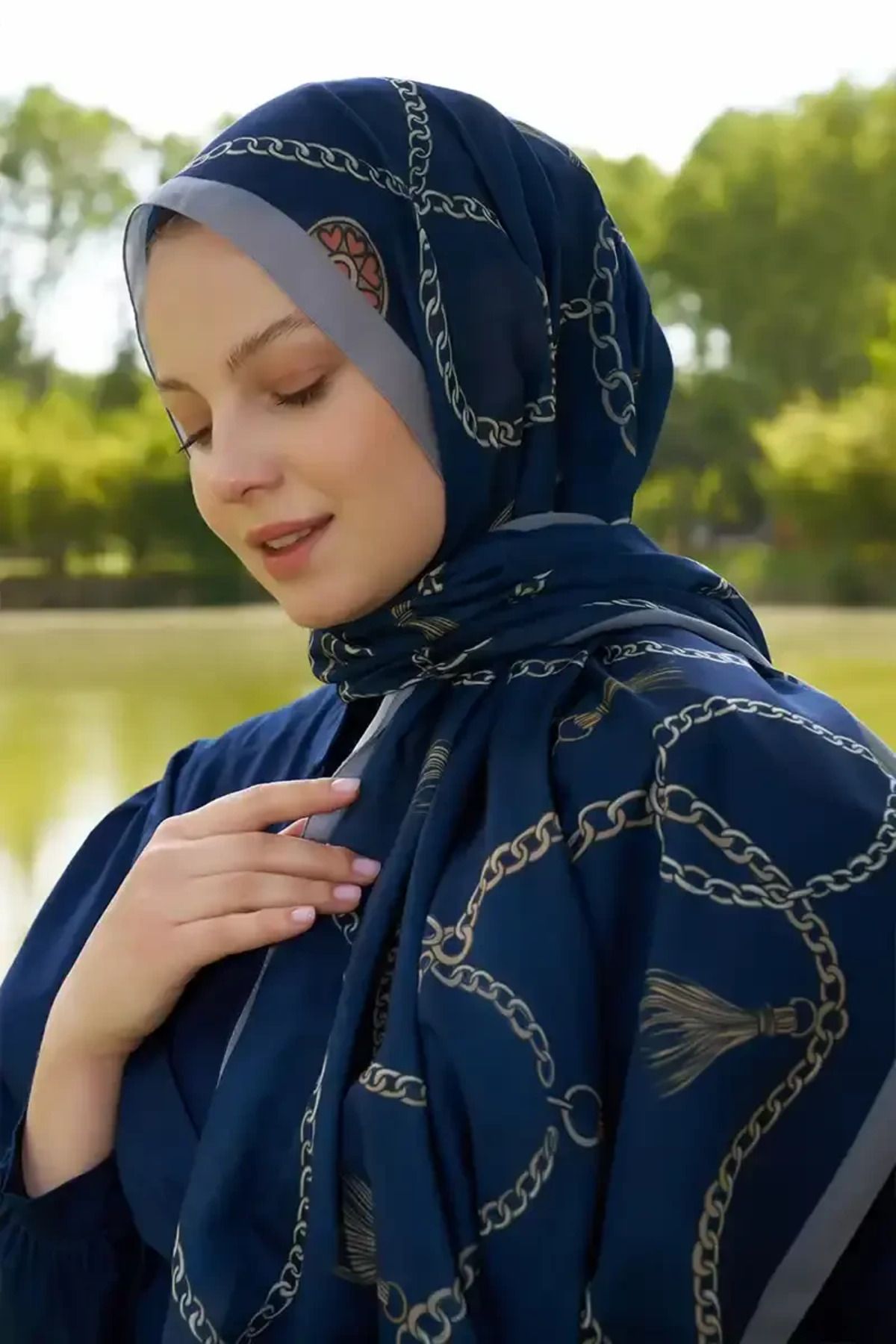 Madame Polo Hyper Zincir Desen Şal - Lacivert