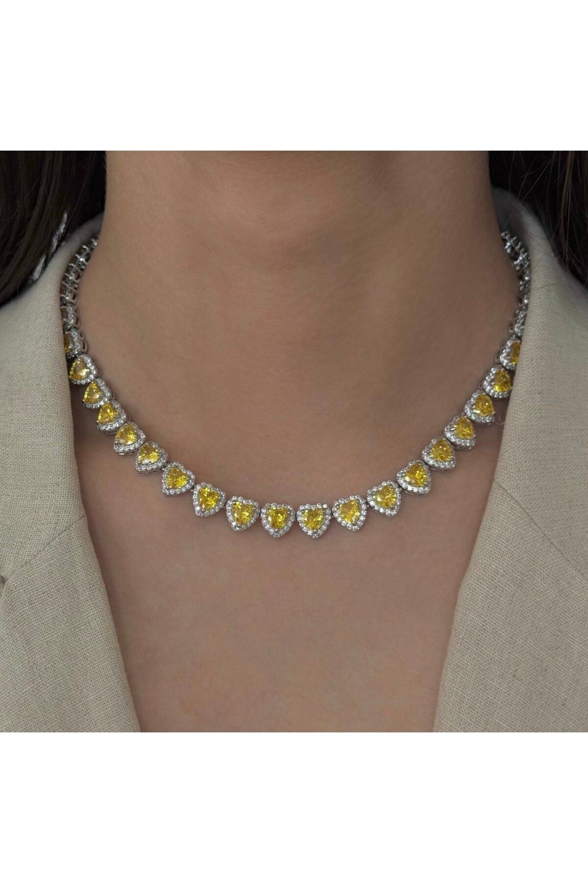h&b design jewel Sarı Full Taşlı Kalpli Kolye