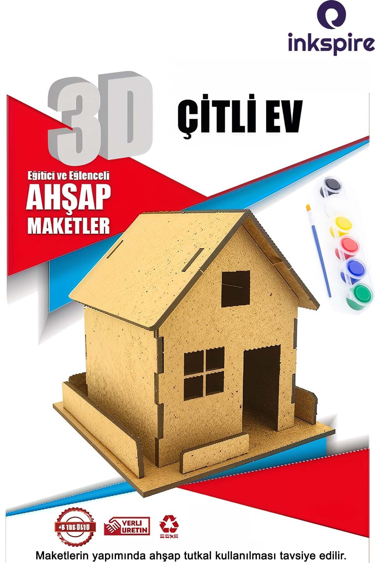 inkspire 3D Ahşap Maket 3 Boyutlu Boyanabilir Geçmeli Puzzle Maket 6Lı Akrilik Boya Fırça Kendin Yap Boya Set