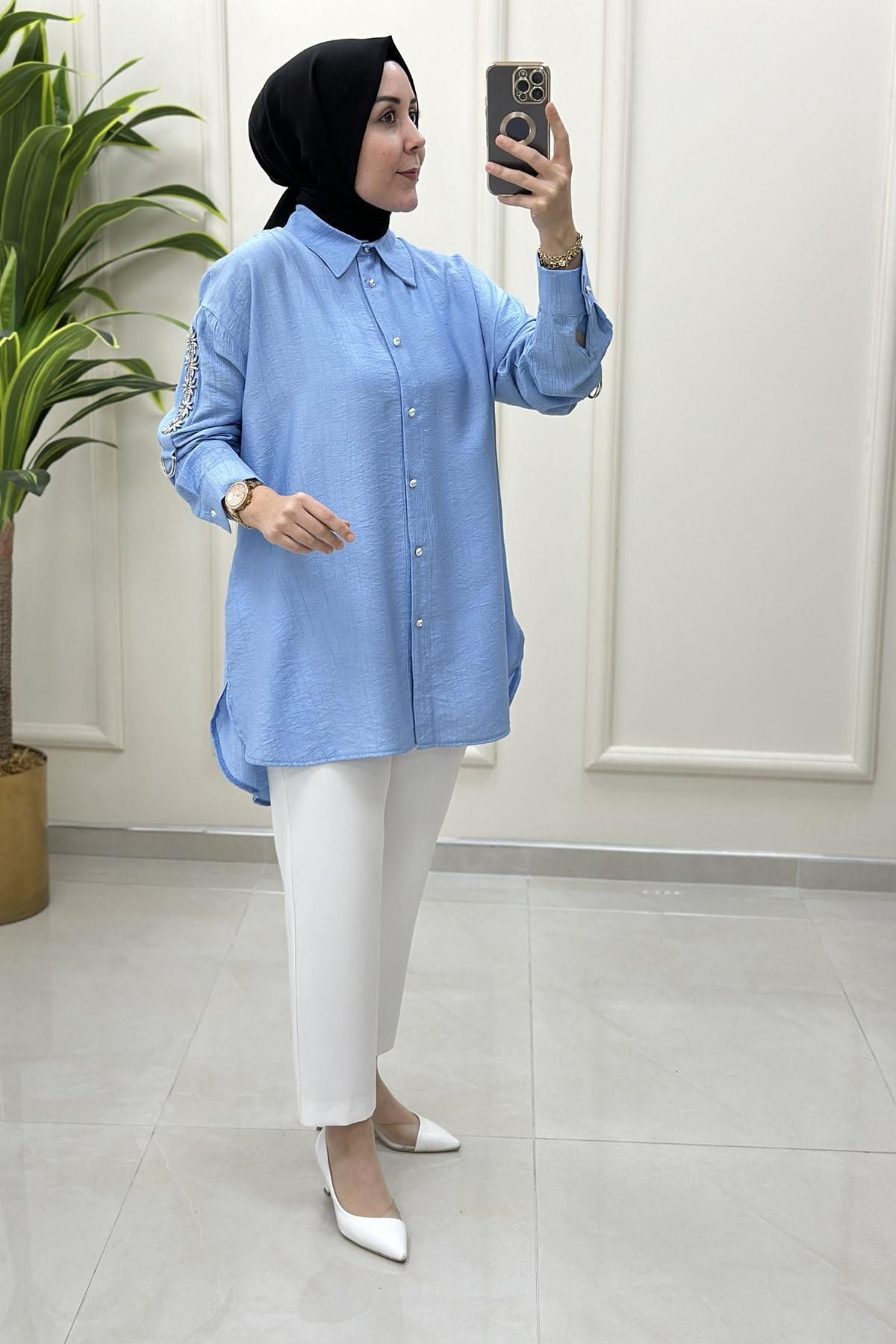 Miss Önü Düğmeli Katlama Kol Taş Detaylı Kadın Tunik Bebe Mavisi MSE 3221
