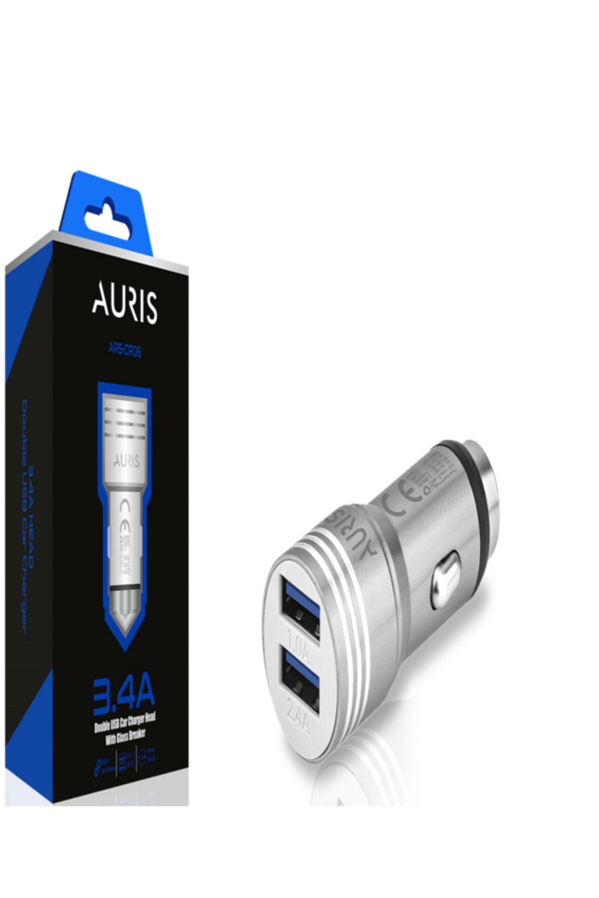 Auris CR06 Dual Usb Metal Oto Kafa 3.4A Çakmaklık Kafa Şarj