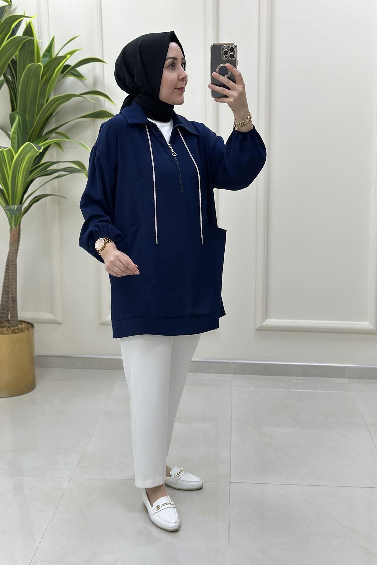 Miss Önü Yarım Fermuarlı Taş İp Detaylı Kadın Tunik Lacivert MSE 31901