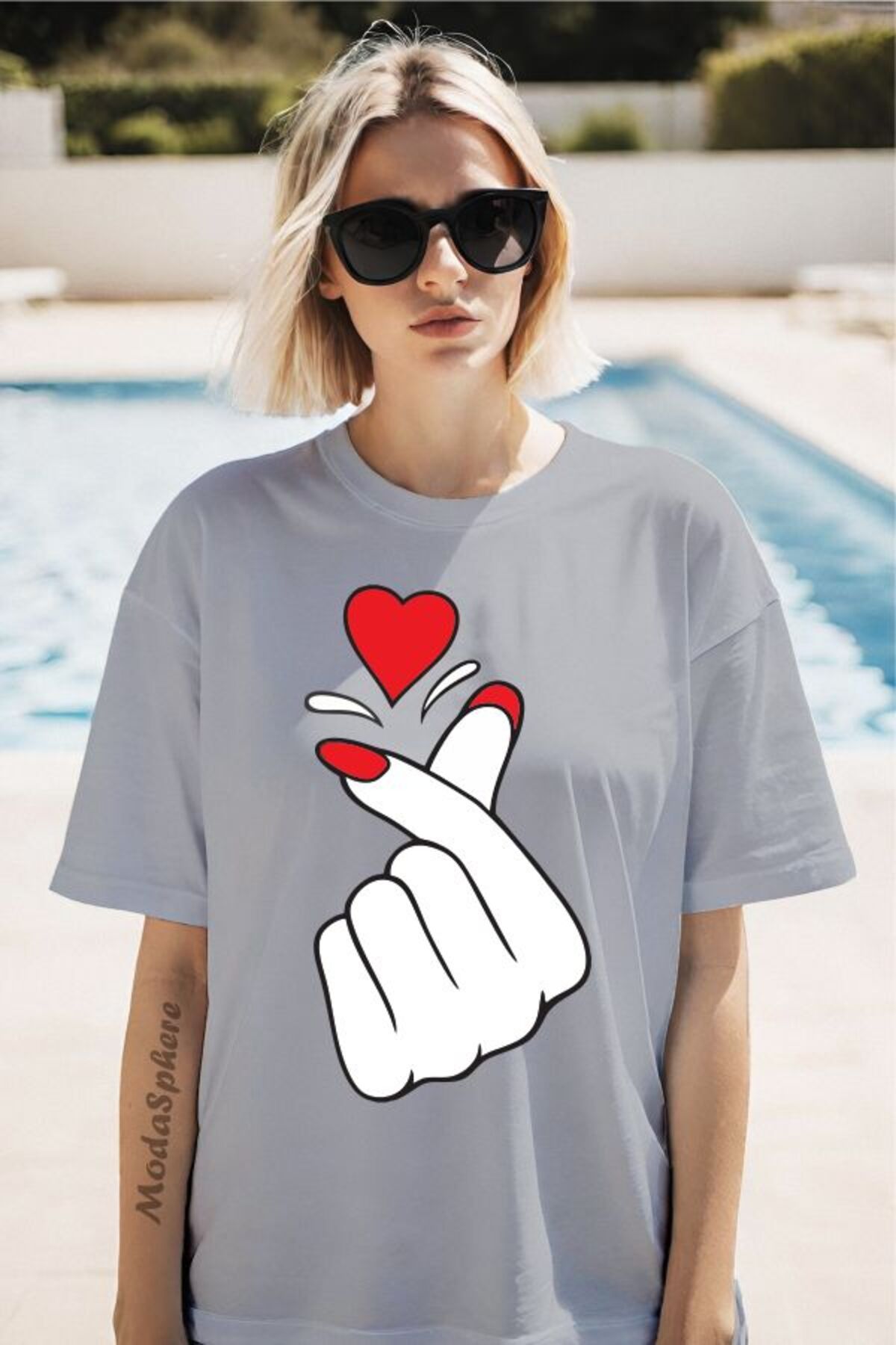 ModaSphere Parmak Kalp Baskılı Unisex Oversize Tişört