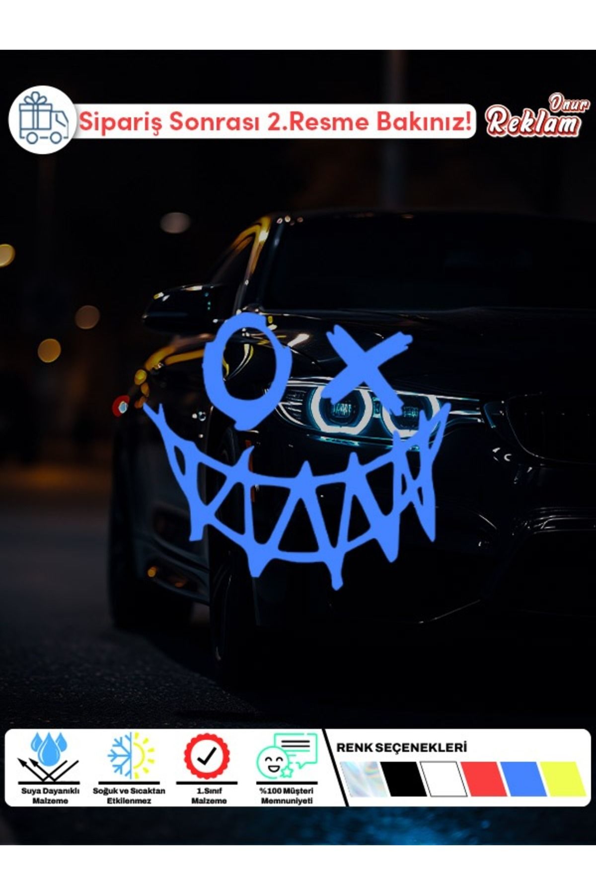 Onur Reklam Holografik Çarpı Gözlü Gülüş Sticker – Suya Dayanıklı Korku Temalı Araba Stickerı