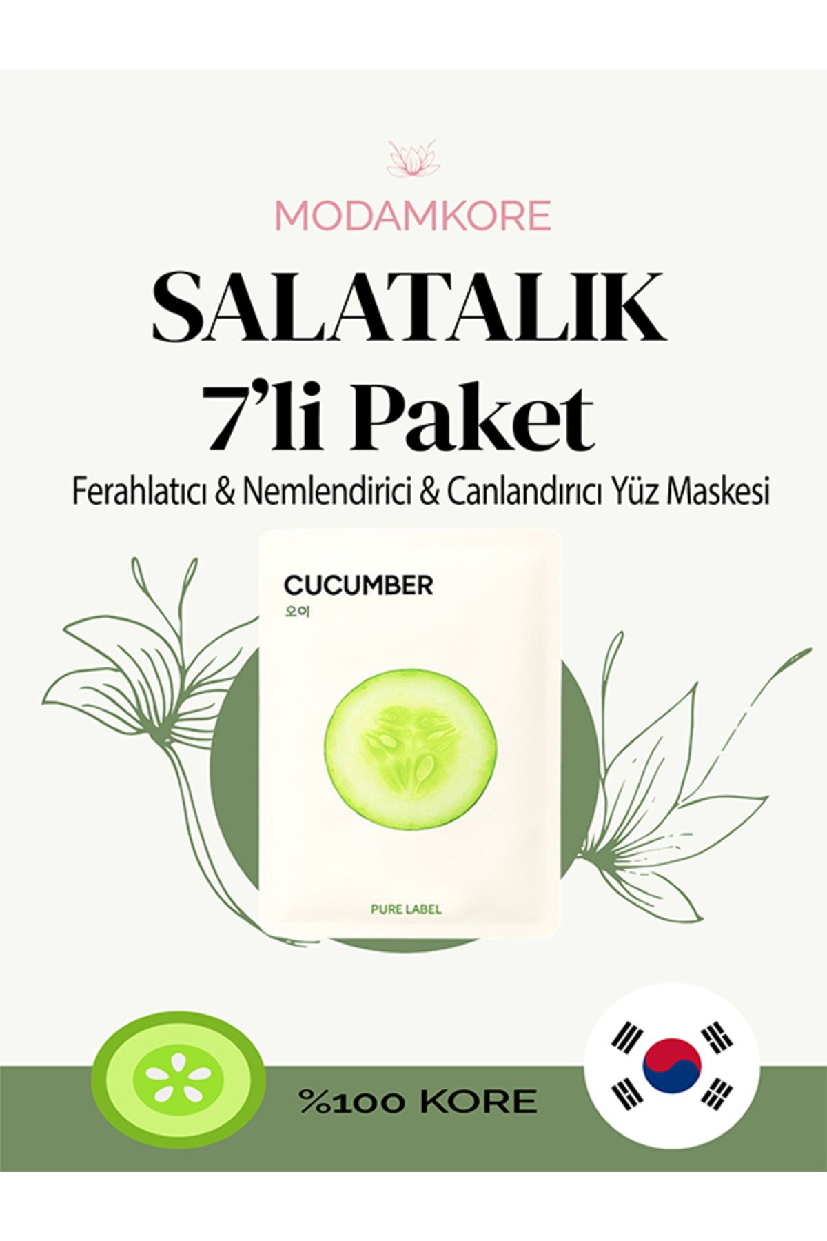 ModamKore 7'li Paket Salatalık Özlü Kore Yüz Maskesi - Ferahlatıcı & Nemlendirici & Canlandırıcı Yüz Maskesi