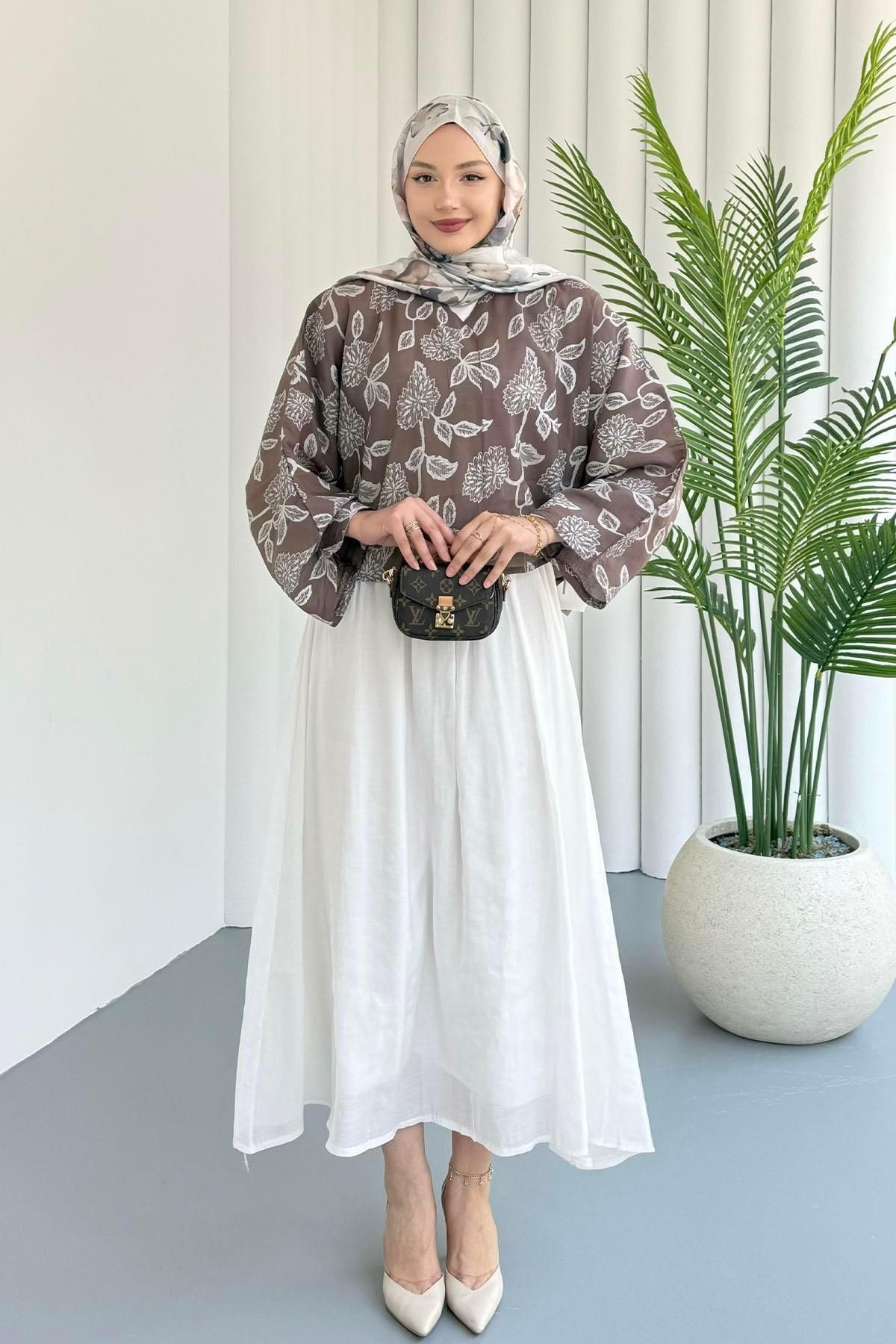 Modaensarbutik Bluzu Yaprak Desenli Etekli Tesettür Takım-KAHVERENGİ