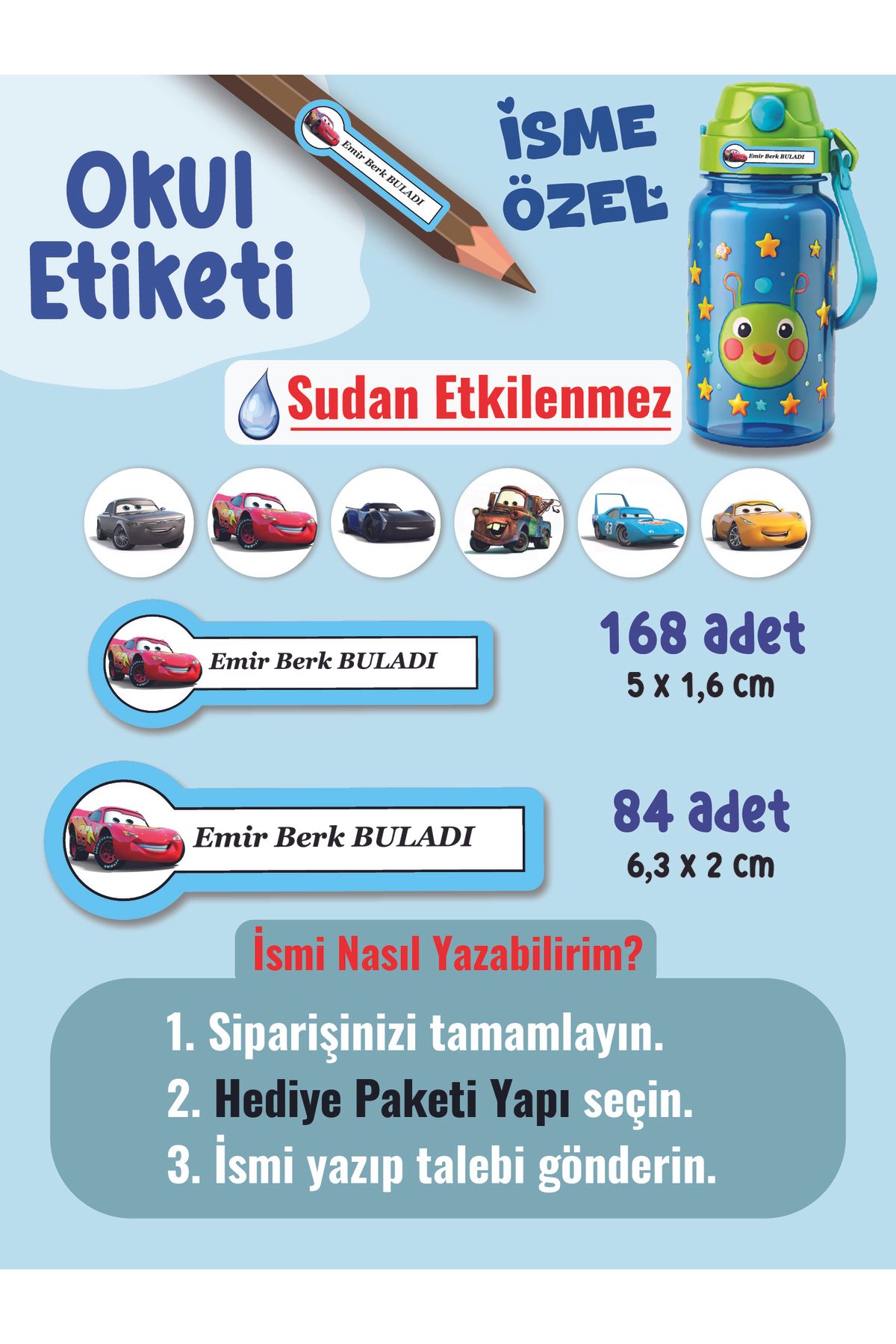 YUNUS COPY Okul Etiketi Kalem Defter Etiketi Şimşek Araba Temalı Özel İsim Yazılabilen Etiket - 252Adet