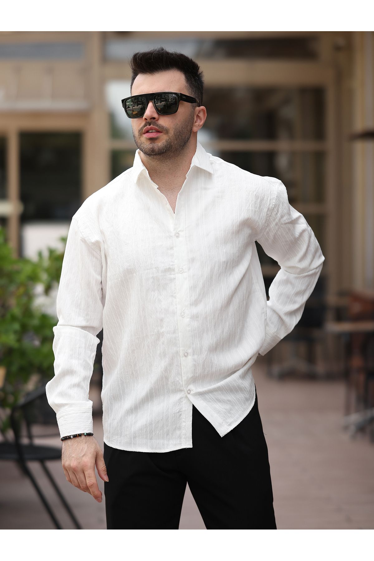 BASEL.CO Yeni Sezon Eşref Tek Hafif Oversize Uzun Kollu Likralı Ütü İstemez Trend Çizgili Gömlek