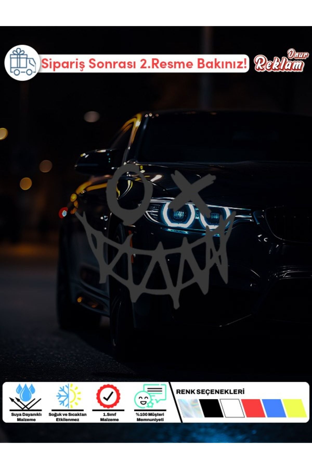 Onur Reklam Holografik Çarpı Gözlü Gülüş Sticker – Suya Dayanıklı Korku Temalı Araba Stickerı