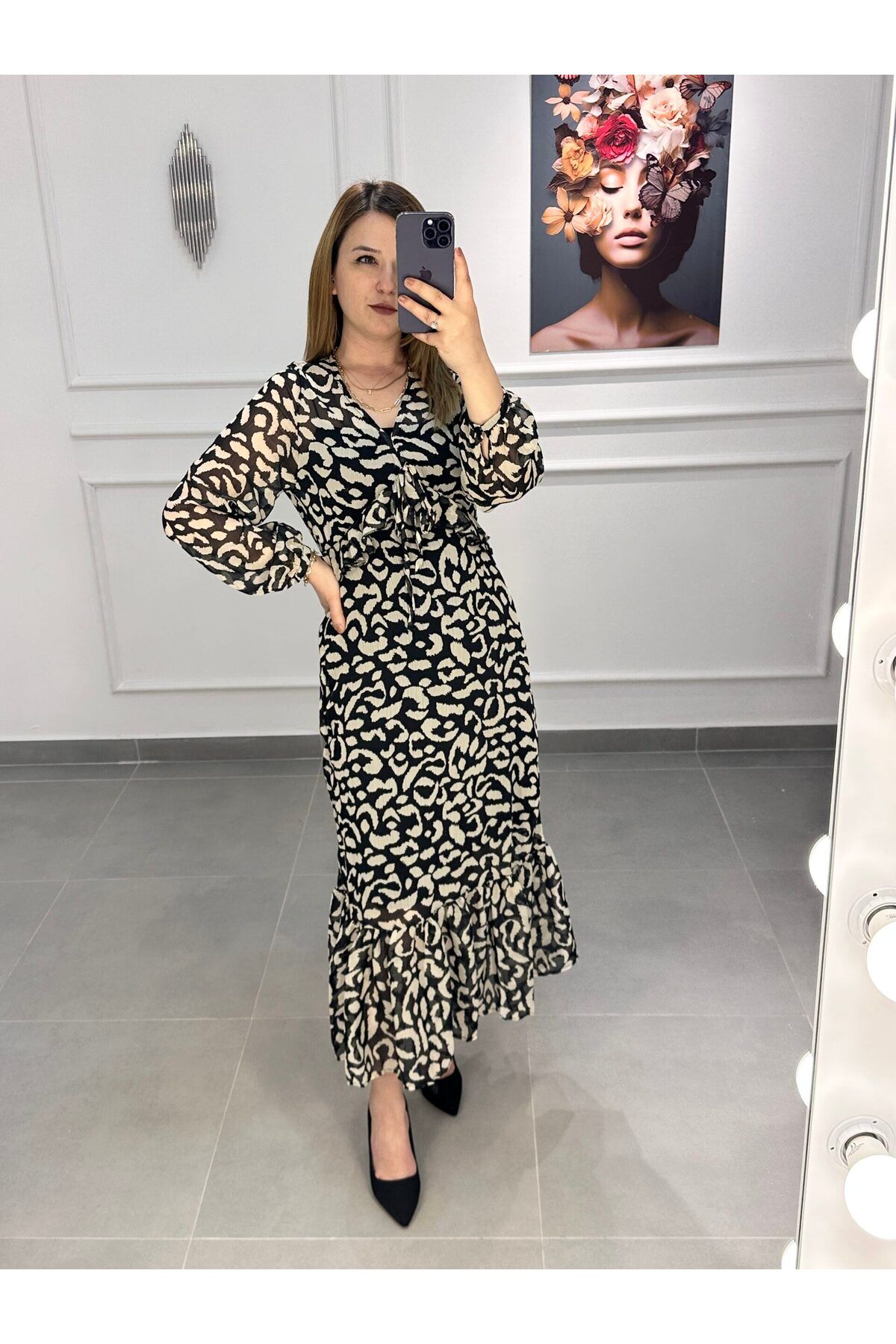 Butik kadın şifon desenli elbise