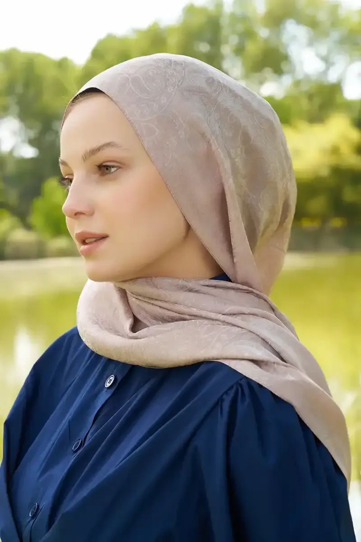 Madame Polo Elegance Etnik Desen Jakar Şal - Pudra