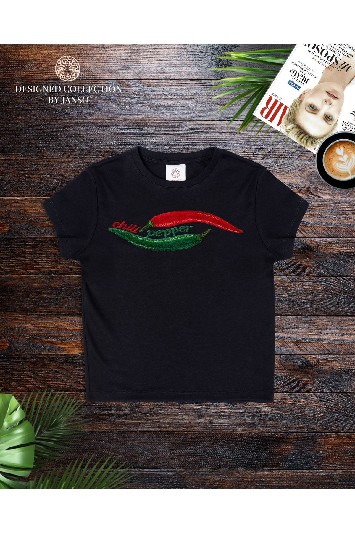 JANSO GROUP - KADIN KISA KOLLU CROP TSHIRT BASKILI chili pepper PAMUKLU PENYE KUMAŞ