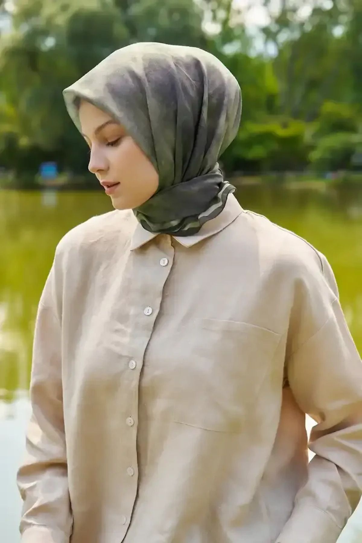 Madame Polo Rustic Batik Desen Eşarp - Haki