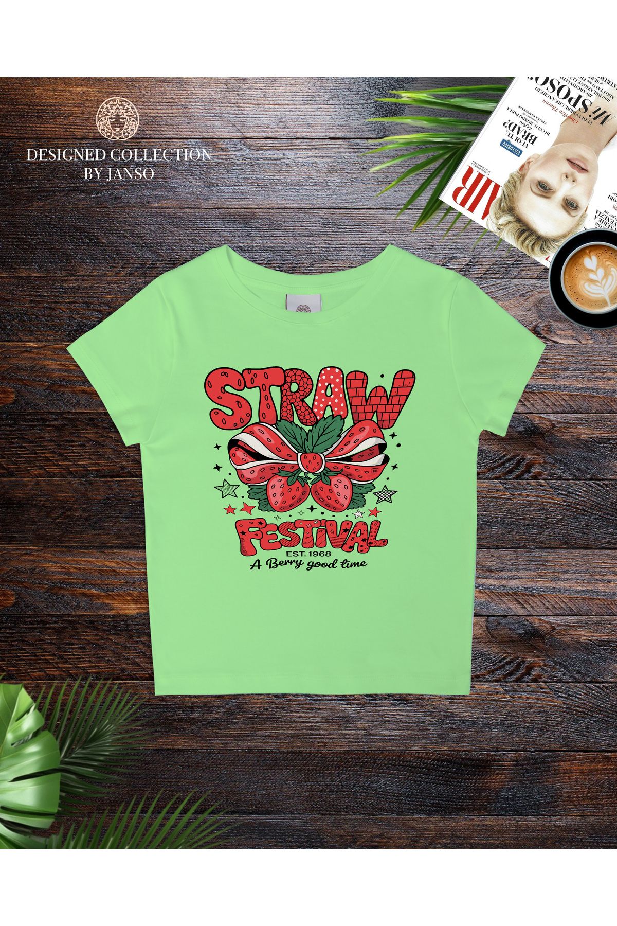 JANSO GROUP - KADIN KISA KOLLU CROP TSHIRT BASKILI STRAW FESTIVAL PAMUKLU PENYE KUMAŞ