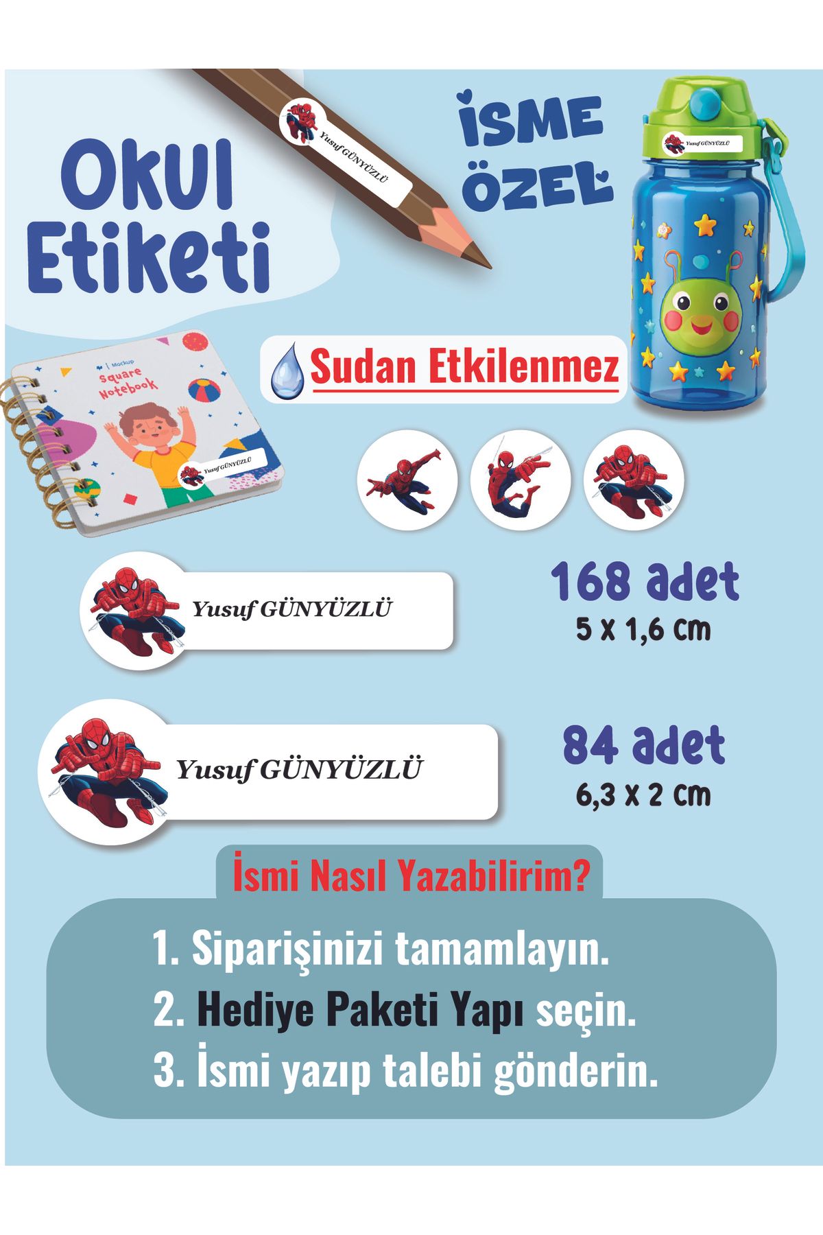 YUNUS COPY Okul Etiketi Kalem Defter Etiketi Örümcek Adam Temalı Özel İsim Yazılabilen Etiket - 252Adet