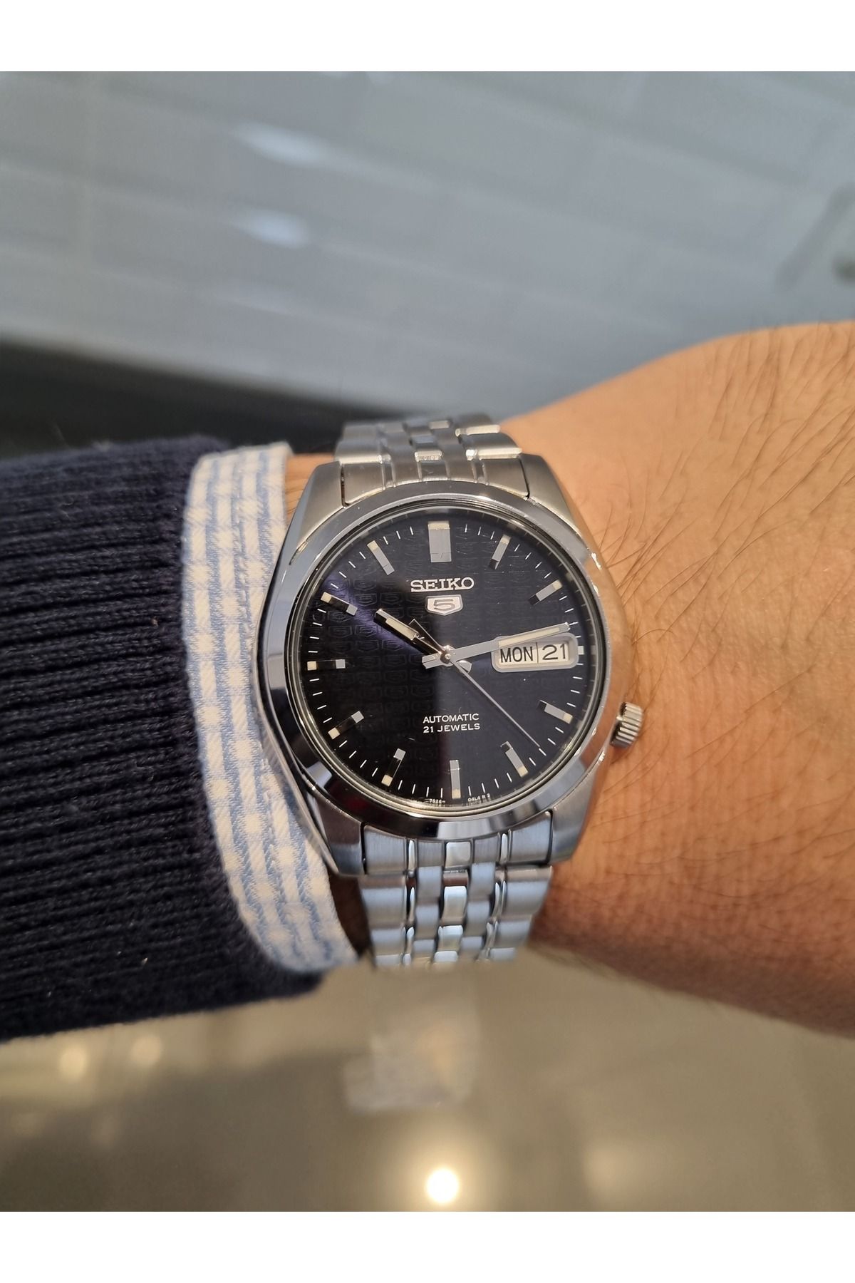 Seiko KOPYA - SEİKO 5- OTOMATİK Lacivert Kadran Takvimli Çelik Bilezik 3 ATM Su Geçirmez Erkek Kol Saati