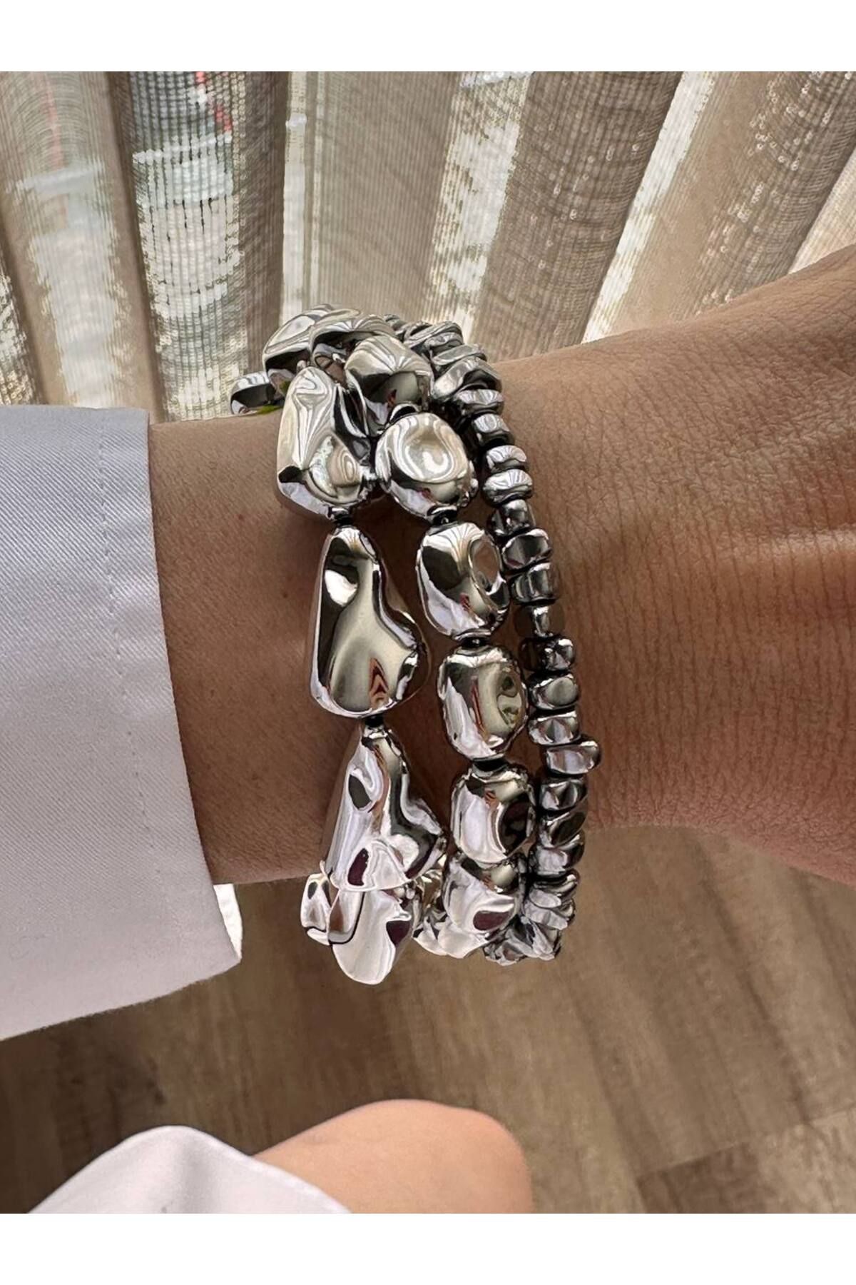 Esmeray Aksesuar Gümüş Renk Rodyum Kaplama 3 Sıra Sarmal Spiral Bileklik