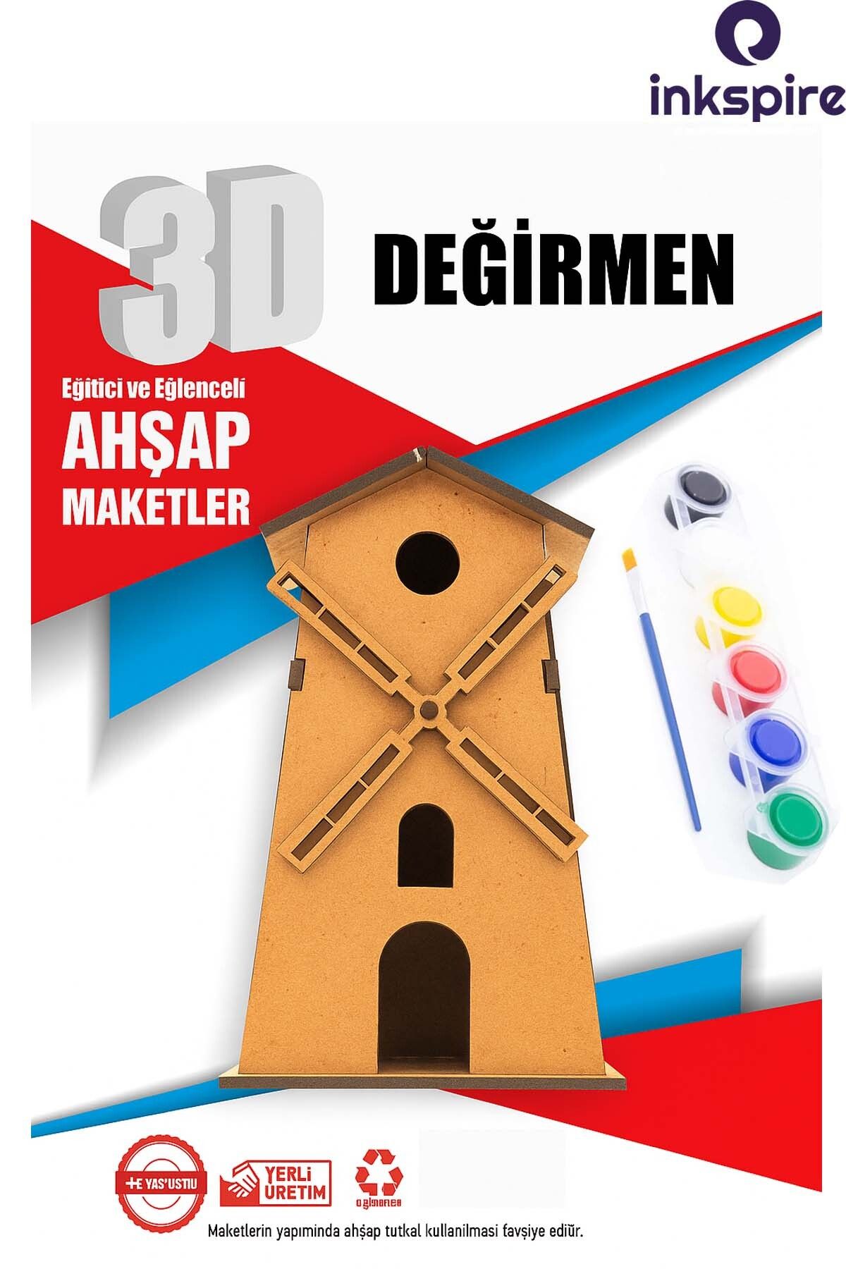 inkspire 3D Ahşap Maket 3 Boyutlu Boyanabilir Geçmeli Puzzle Maket 6Lı Akrilik Boya Fırça Kendin Yap Boya Set