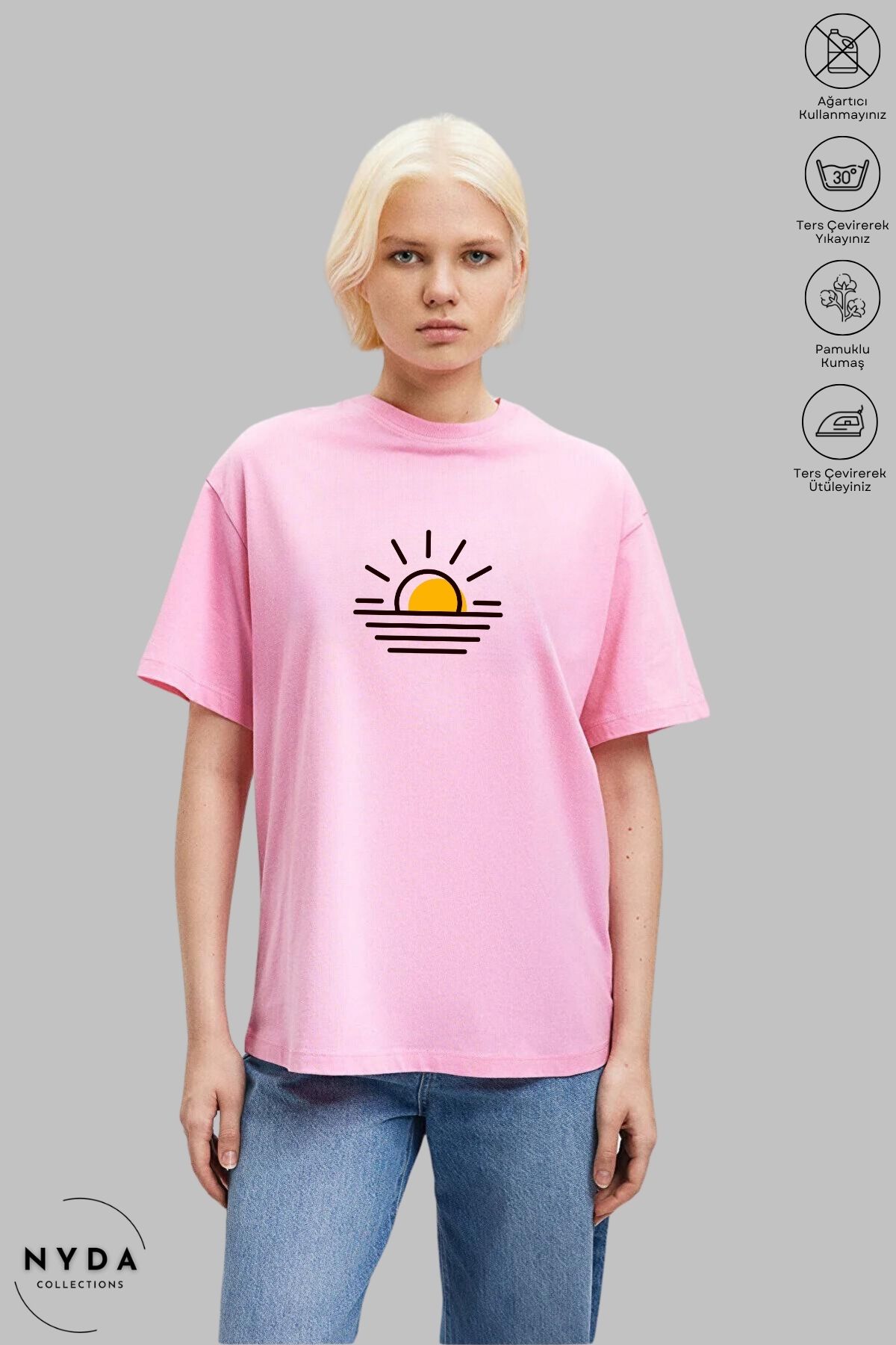 Nyda Collections Unisex Bisiklet Yaka Günbatımı Baskılı Pamuk Oversize Kısa Kollu Tişört