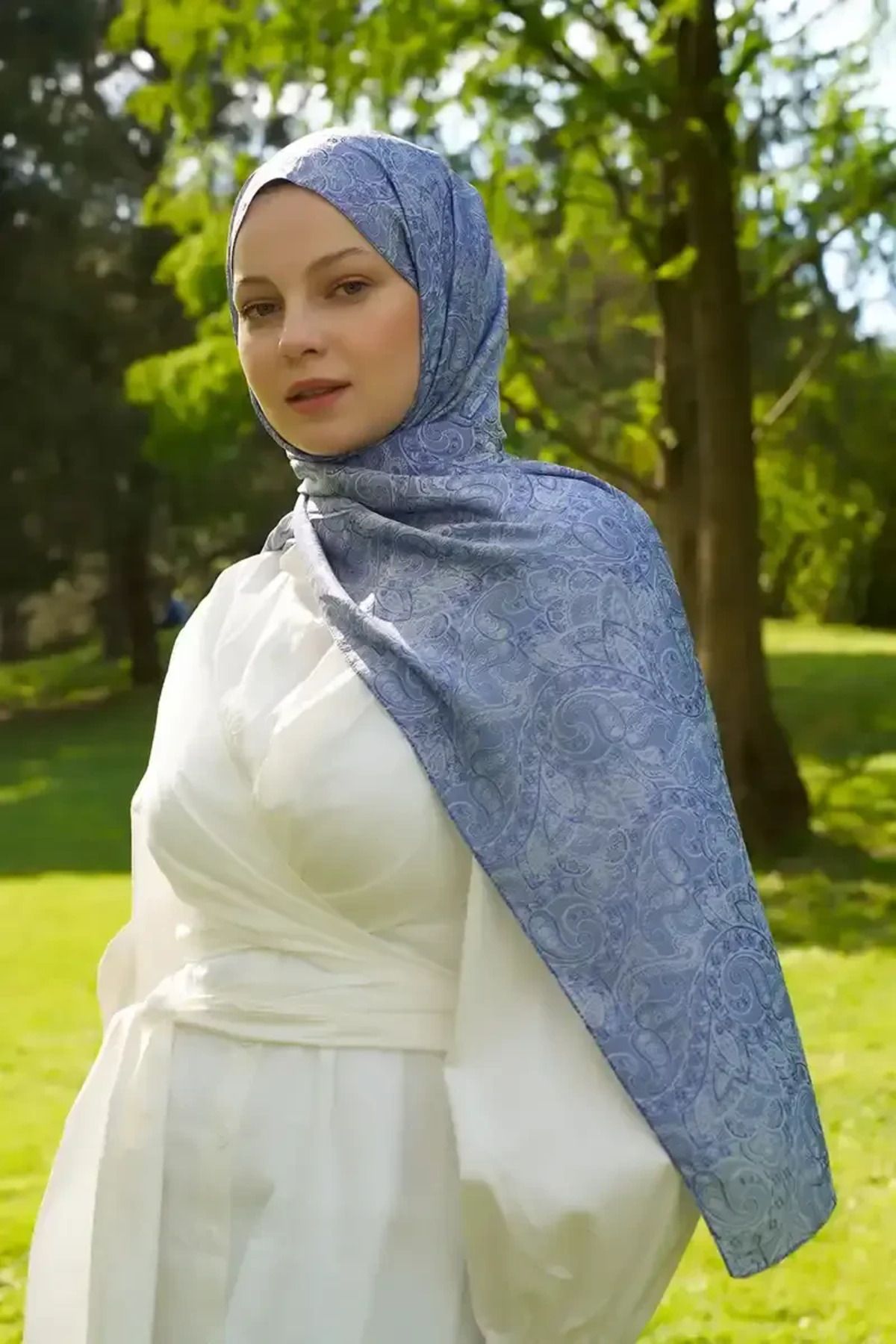 Madame Polo Elegance Etnik Desen Jakar Şal - Mavi
